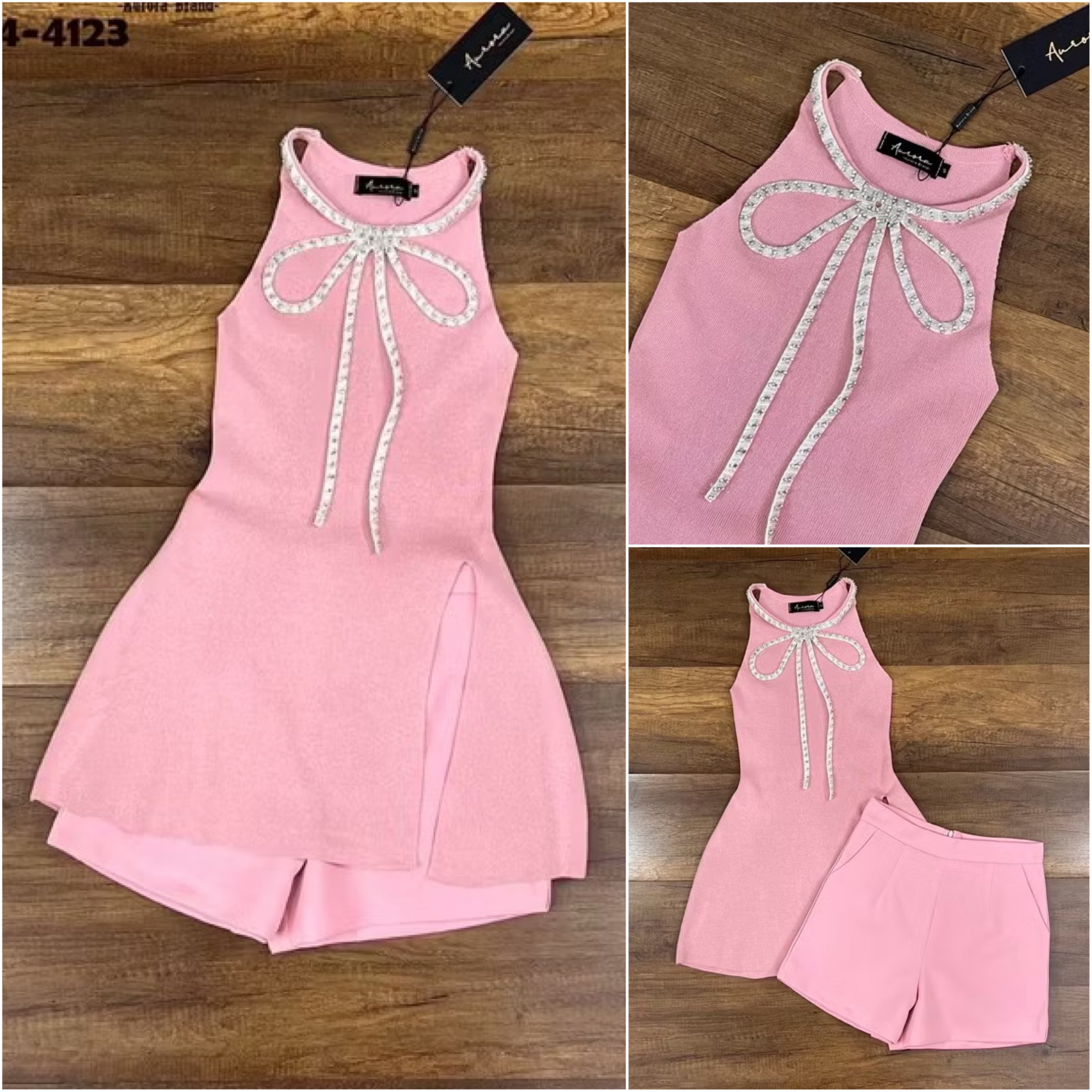 Set เสื้อนิตติ้งสีสันหวานสดใส แต่งอะไหล่สวยหรูฝุดๆ (เสื้อทรงสวม)+กางเกงขาสั้น ใส่สบาย : สินค้าคุณภาพ (พร้อมส่ง)