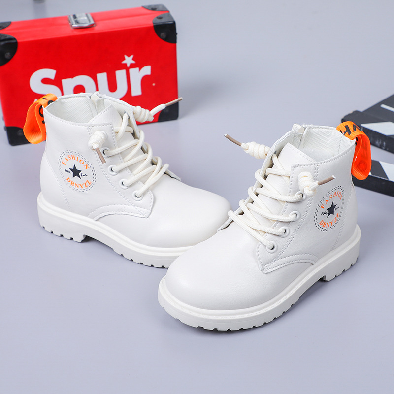 รองเท้าบู๊ทเด็ก บู้ทสั้นเด็ก บูทเด็กสีขาวออฟไวท์ ผูกเชือก มีซิปข้าง Size 26-37