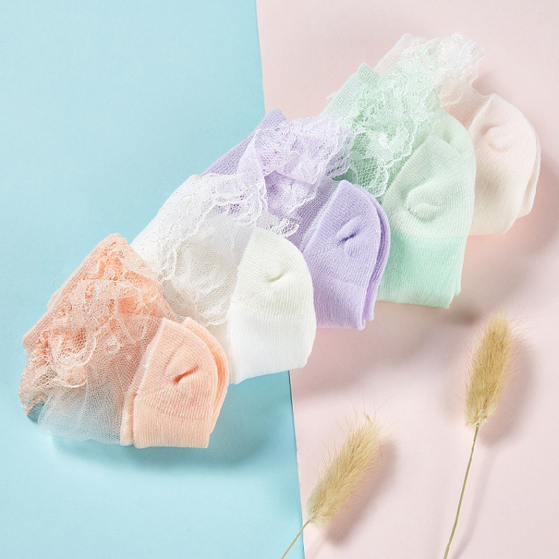 ถุงเท้าระบายลูกไม้เด็กหญิงข้อสั้น มีขนาดวัย 1-12 ขวบ สีขาว/ชมพู/ม่วง