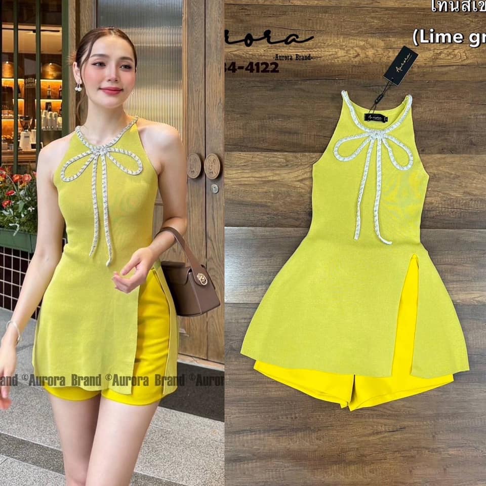 Set เสื้อนิตติ้งสีสันหวานสดใส แต่งอะไหล่สวยหรูฝุดๆ (เสื้อทรงสวม)+กางเกงขาสั้น ใส่สบาย : สินค้าคุณภาพ (พร้อมส่ง)