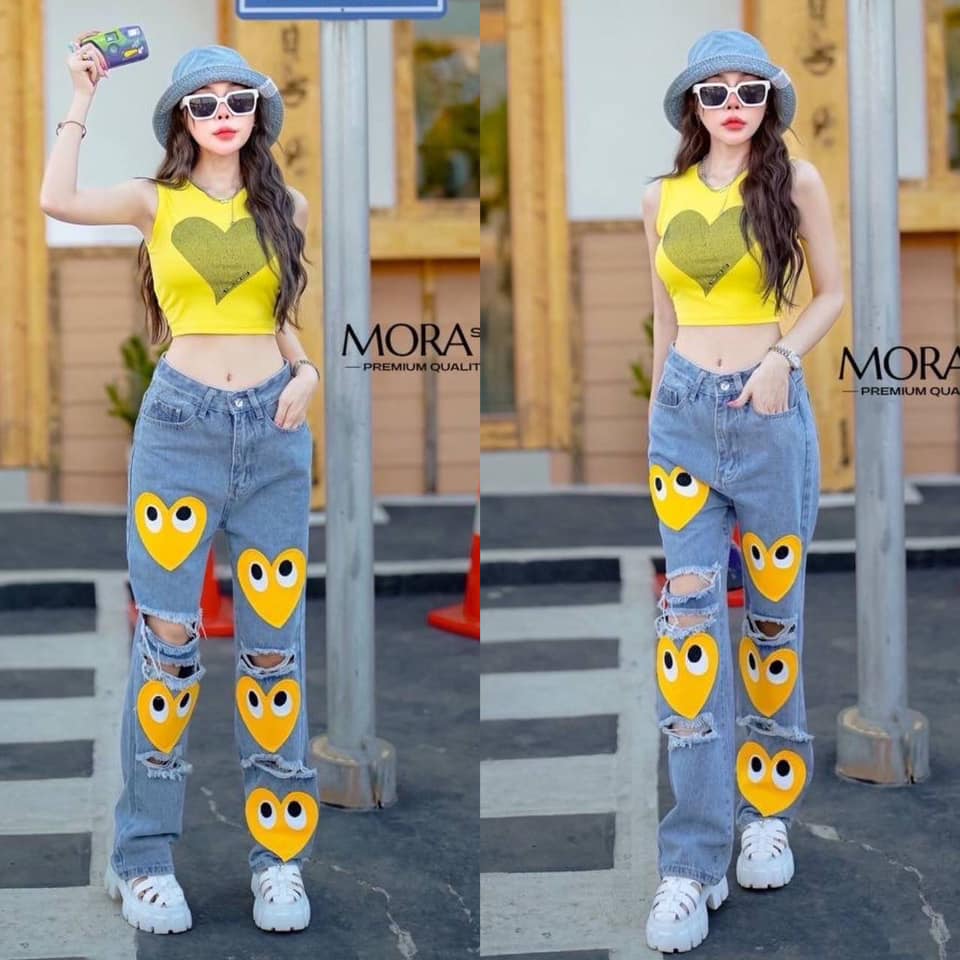 เซ็ต 2 ชิ้น เสื้อครอปแต่งลายหัวใจ มาพร้อมกับกางเกงวินเทจแต่งขาด ปะลายหัวใจ ใส่สบาย : สินค้าคุณภาพ (พร้อมส่ง)