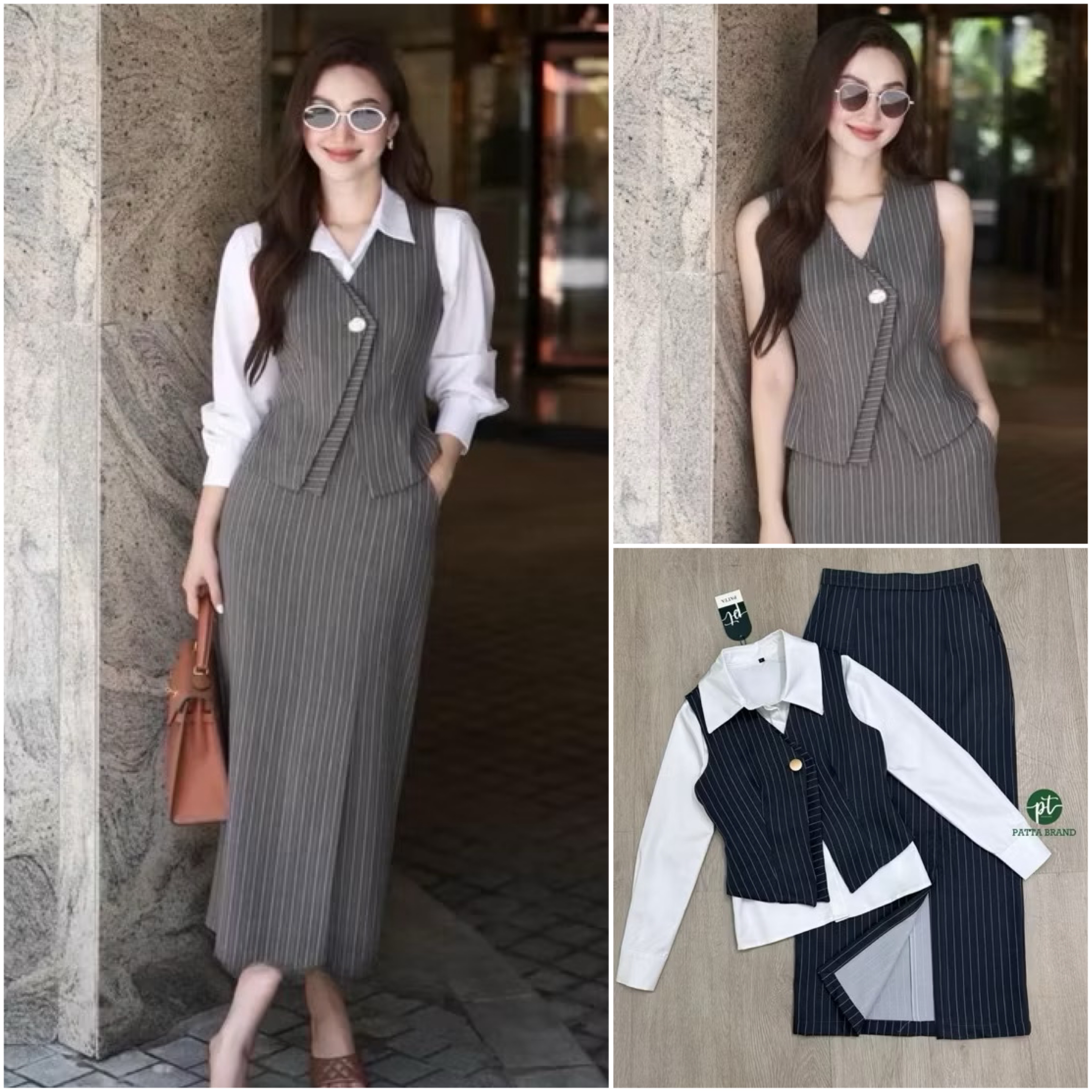 Set 3ชิ้ เสื้อกั๊กคอวีแขนกุดดีไซน์เฉียงเย็บ2ชั้นแต่งกระดุมหน้าใช้งานได้จริง ด้านหลังแต่งเข็มขัดปรับเข้ารูปให้ทรง มาคู่กับเสื้อเชิ้ตตัวในสีขาวมีกระดุมหน้า ดีไซน์เก๋ มาพร้อมกับกระโปรงยาวทรงตรงทรงสอบ ใส่สบาย : สินค้าคุณภาพ (พร้อมส่ง)