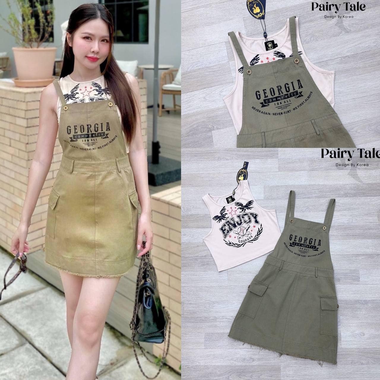 Set เอี้ยมเข้าแคมป์กันค้า เสื้อยืดแขนกุดสีครีมพิมพ์ลาย ใส่สบาย : สินค้าคุณภาพ (พร้อมส่ง)