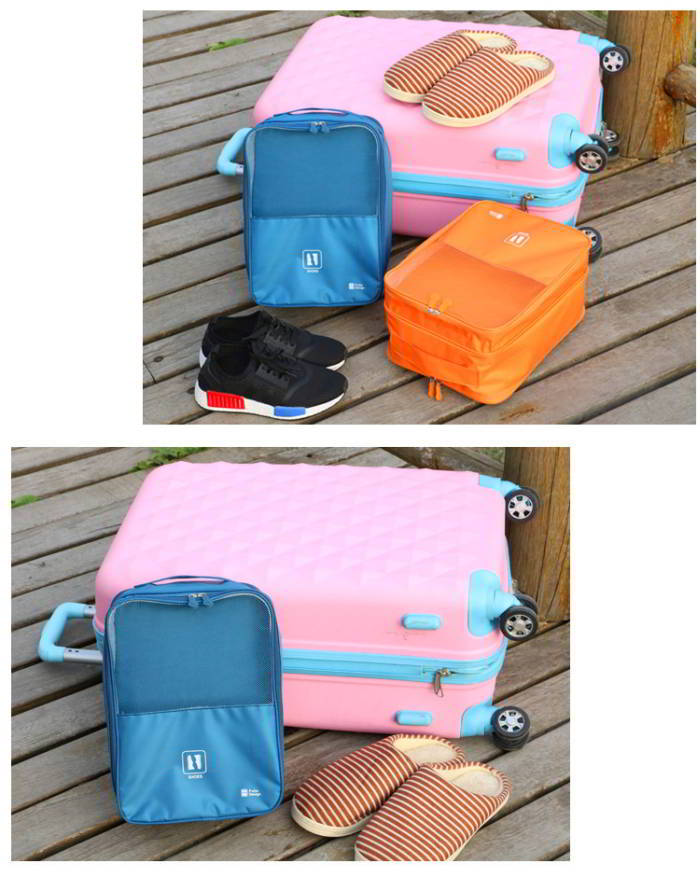 กระเป๋าใส่รองเท้า เสียบกระเป๋าเดินทางได้ ผลิตจากโพลีเอสเตอร์กันน้ำ + ตาข่าย คุณภาพดี มี 6 สี ให้เลือก