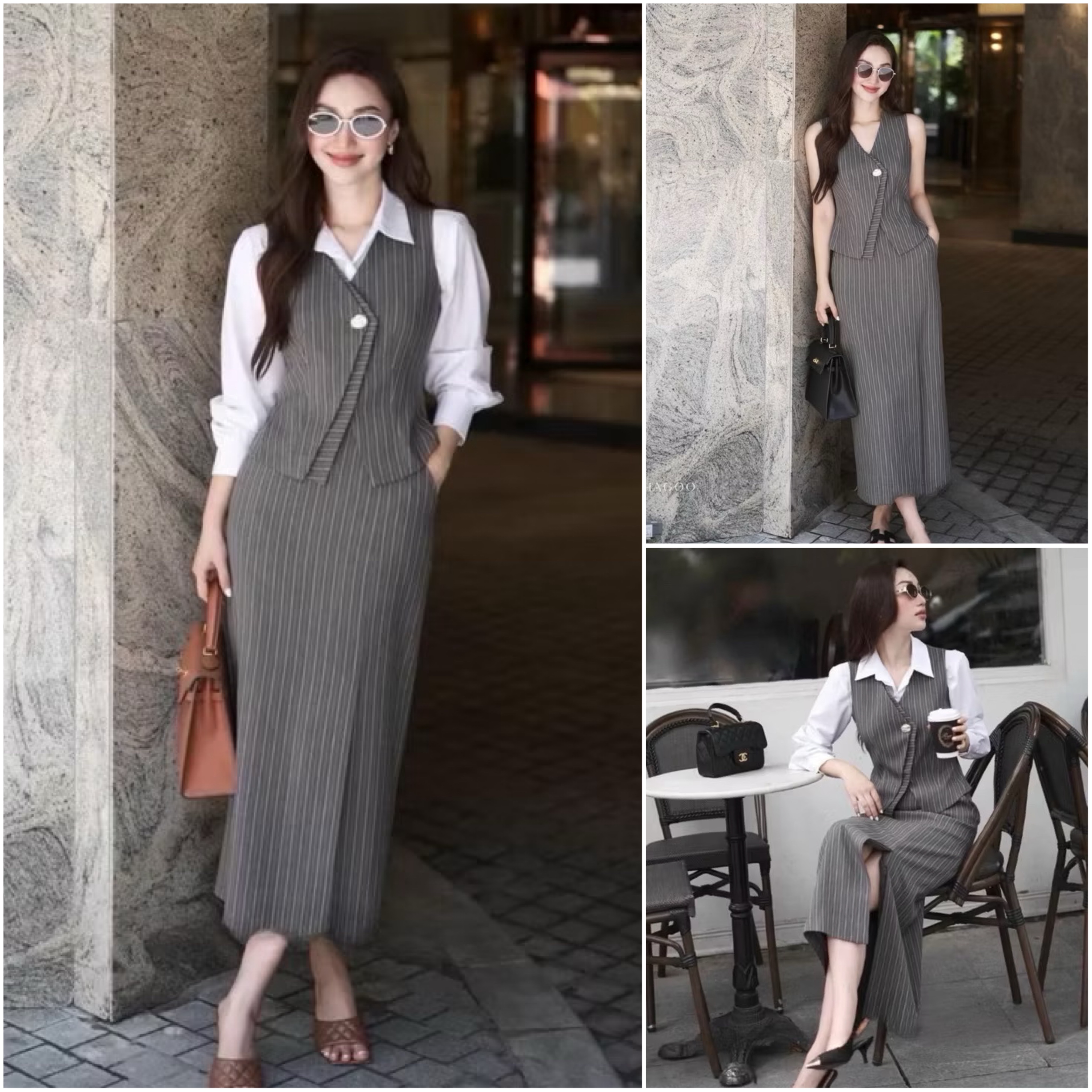 Set 3ชิ้ เสื้อกั๊กคอวีแขนกุดดีไซน์เฉียงเย็บ2ชั้นแต่งกระดุมหน้าใช้งานได้จริง ด้านหลังแต่งเข็มขัดปรับเข้ารูปให้ทรง มาคู่กับเสื้อเชิ้ตตัวในสีขาวมีกระดุมหน้า ดีไซน์เก๋ มาพร้อมกับกระโปรงยาวทรงตรงทรงสอบ ใส่สบาย : สินค้าคุณภาพ (พร้อมส่ง)