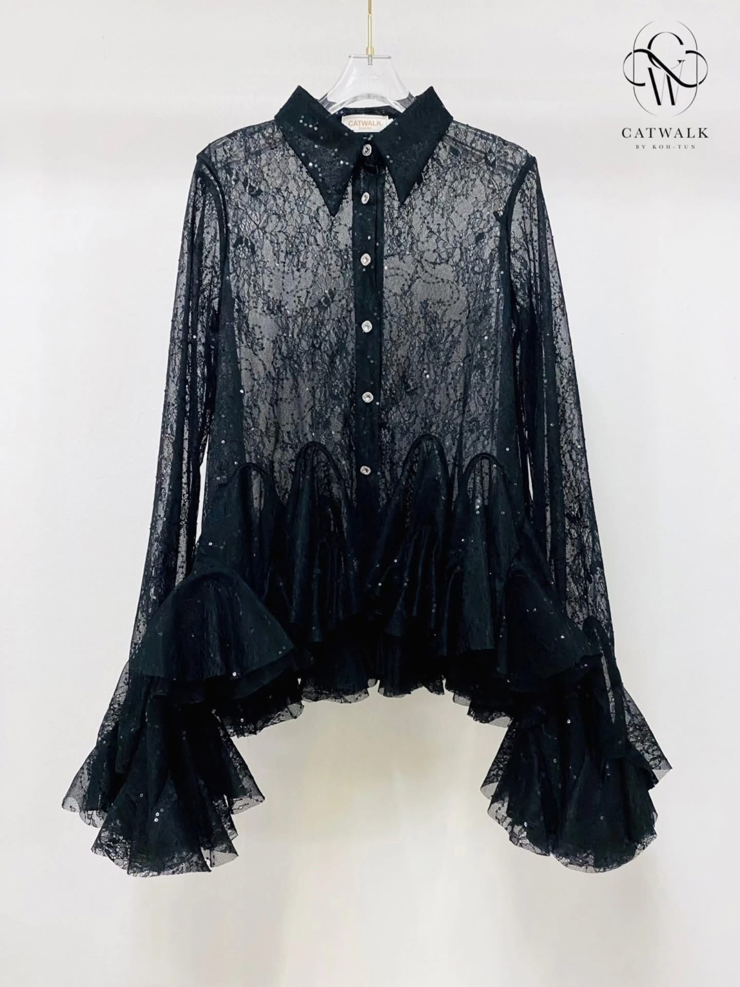 เสื้อเชิ้ตเทหลังผ้าลูกไม้ซีทรูปักแต่งเลื่อม เนื้อผ้าลูกไม้ซีทรูเกรดเอ ใส่สบาย : สินค้าคุณภาพ (พร้อมส่ง)