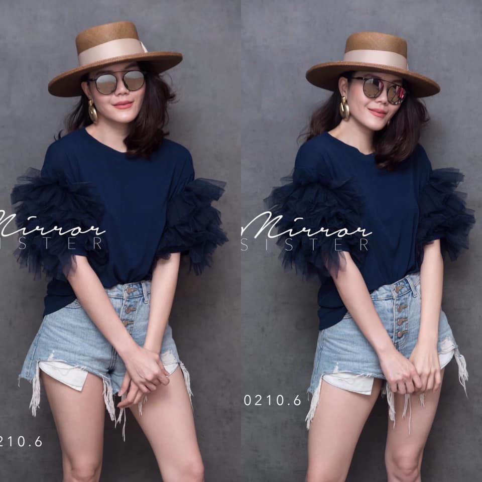 เสื้อยืดแขนสั้นฟู่ฟ่าตัวเก๋! มีดีเทลแต่งระบายฟูฟ่องที่แขน น่ารักที่สุด : สินค้าคุณภาพ (พร้อมส่ง)