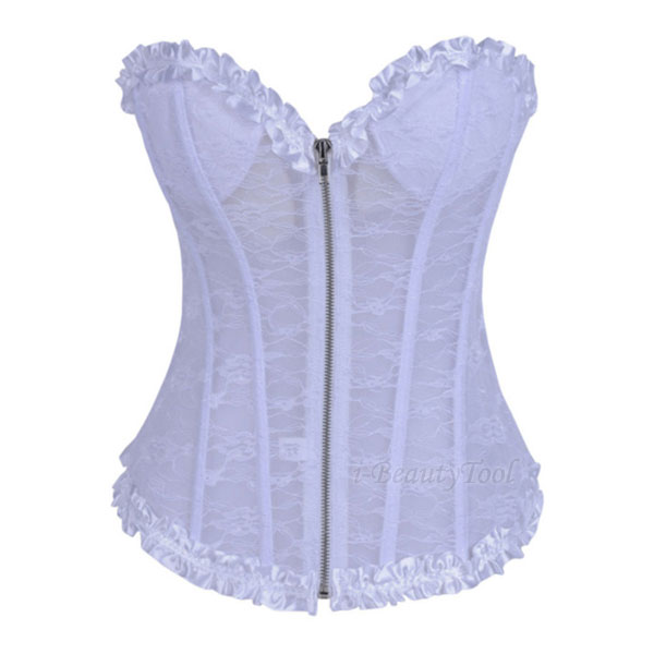คอร์เซ็ต Corset ซีทรู ซิปหน้า แต่งระบายที่ขอบ - สีขาว