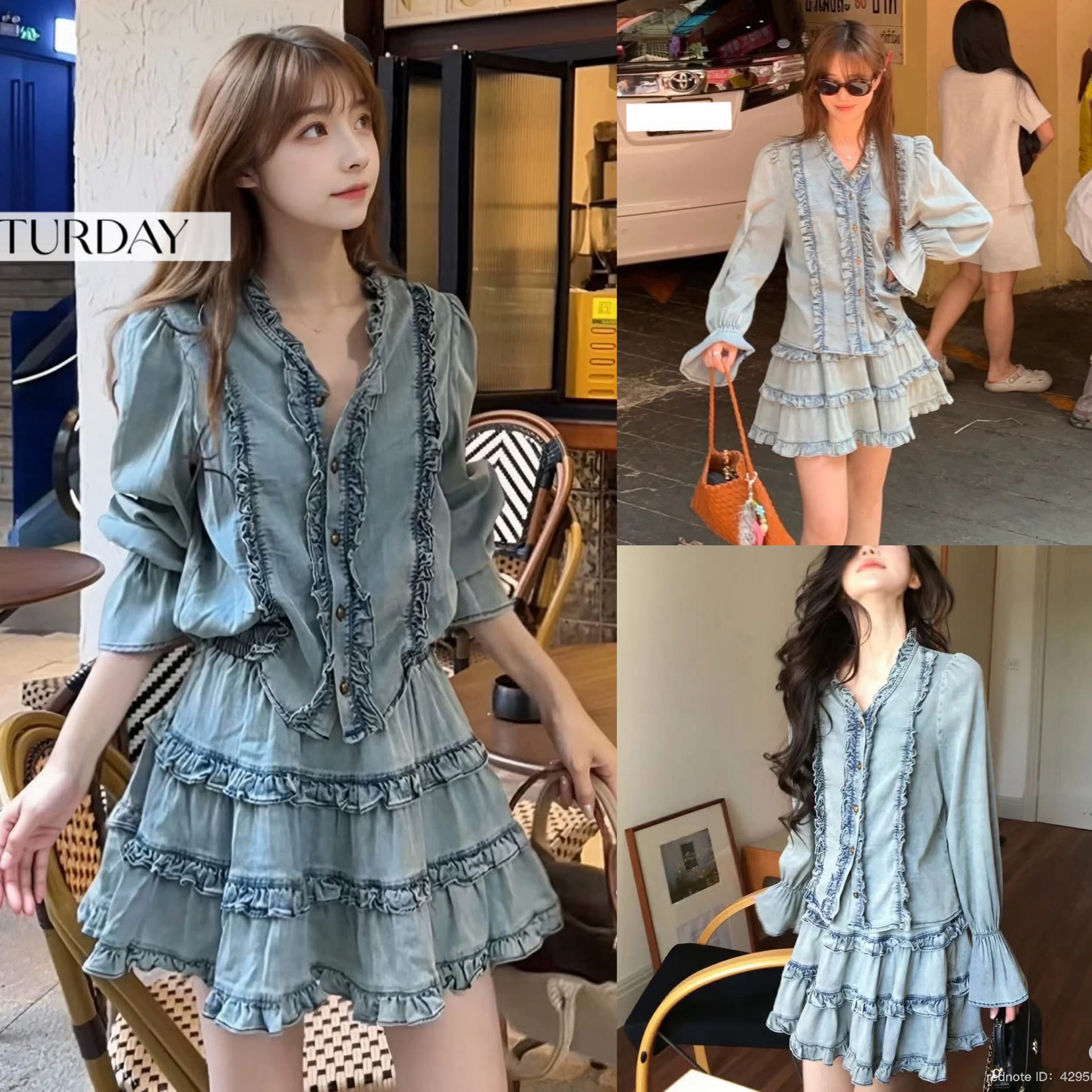 เซท2ชั้น ผ้ายีนส์เนื้อนิ่มใส่สบาย สีฟอกเฟดสวยกำลังดีค่ะ ตัวเสื้อกระดุมปกติดได้จริงทุกเม็ดแต่งระบายด้านหน้า ปลายแขนแต่งจั้มระบาย มาพรกระโปรงยีนส์ detail ต่อระบาย3ชั้น ใส่สบาย : สินค้าคุณภาพ (พร้อมส่ง)
