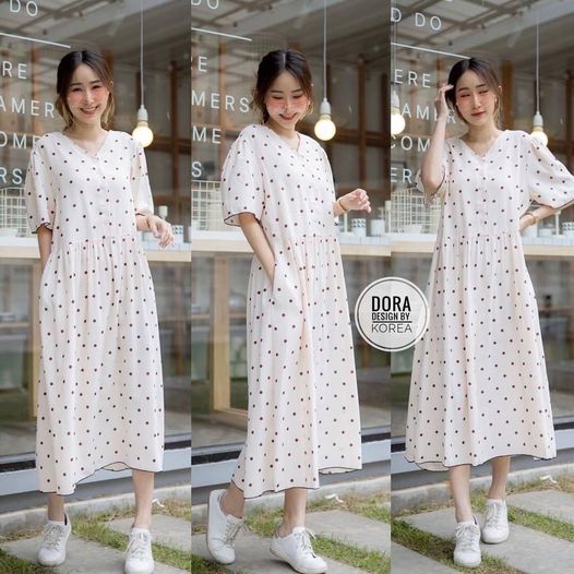 เดรสจุด style korea ผ้าทิ้งตัว ช่วงตัวมีกระดุม ชุดนี้แนะนำเลยค่ะ ป้าดีใส่สบายทิ้ง สีครีมจุด สีน้ำตาล , สีดำจุดขาว มีกระเป๋า 2 ข้าง สินค้าคุณภาพ (พร้อมส่ง)