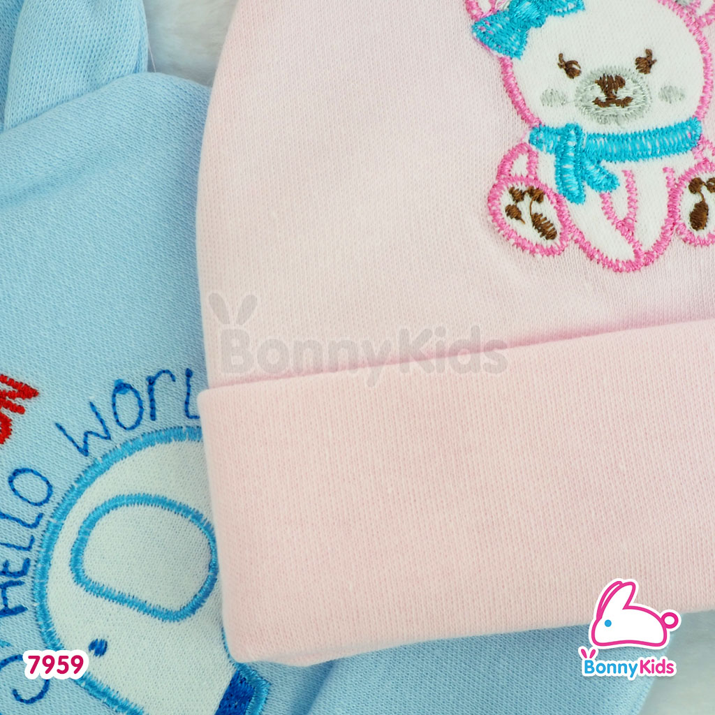 (7959) Attoon หมวกสำหรับเด็ก พร้อมหูหมีสุดน่ารัก ผ้าสีพื้นปักลาย