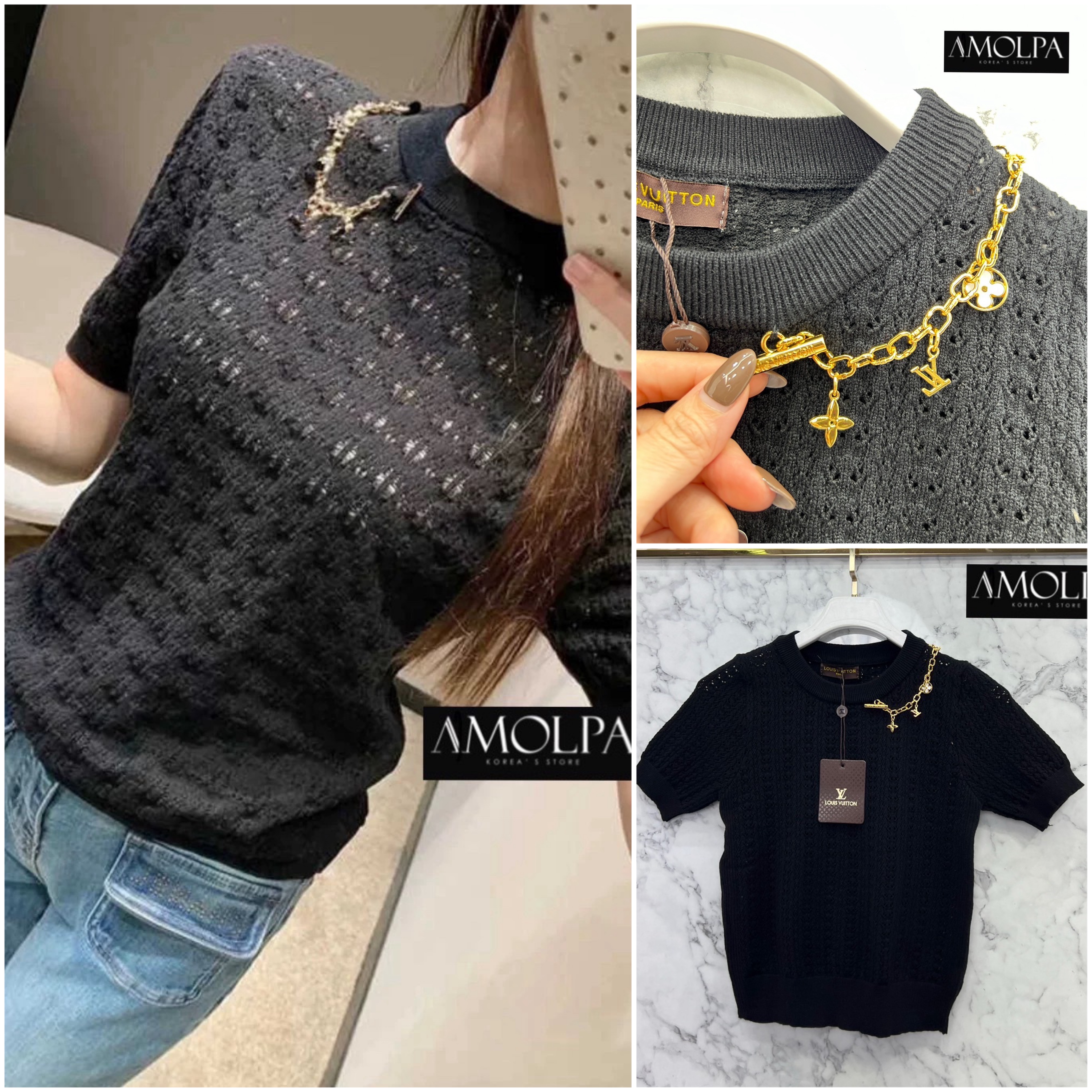 เสื้อไหมพรมแขนสั้น LV KNIT อะไหล่สร้อยฮาร์ดแวร์สีทอง เนื้อผ้าดีม๊าก ผ้าใส่สบายมาก ห้ามพลาด ใส่สบาย : สินค้าคุณภาพ (พร้อมส่ง)