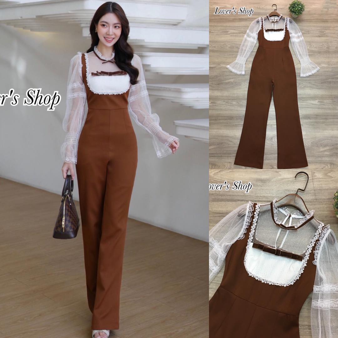 จั้มสูทกางเกงขายาว ทรงสวย ช่วงบนใช้ผ้าลูกไม้เนื้อผ้านุ่มใส่สบาย สินค้าคุณภาพ (พร้อมส่ง)