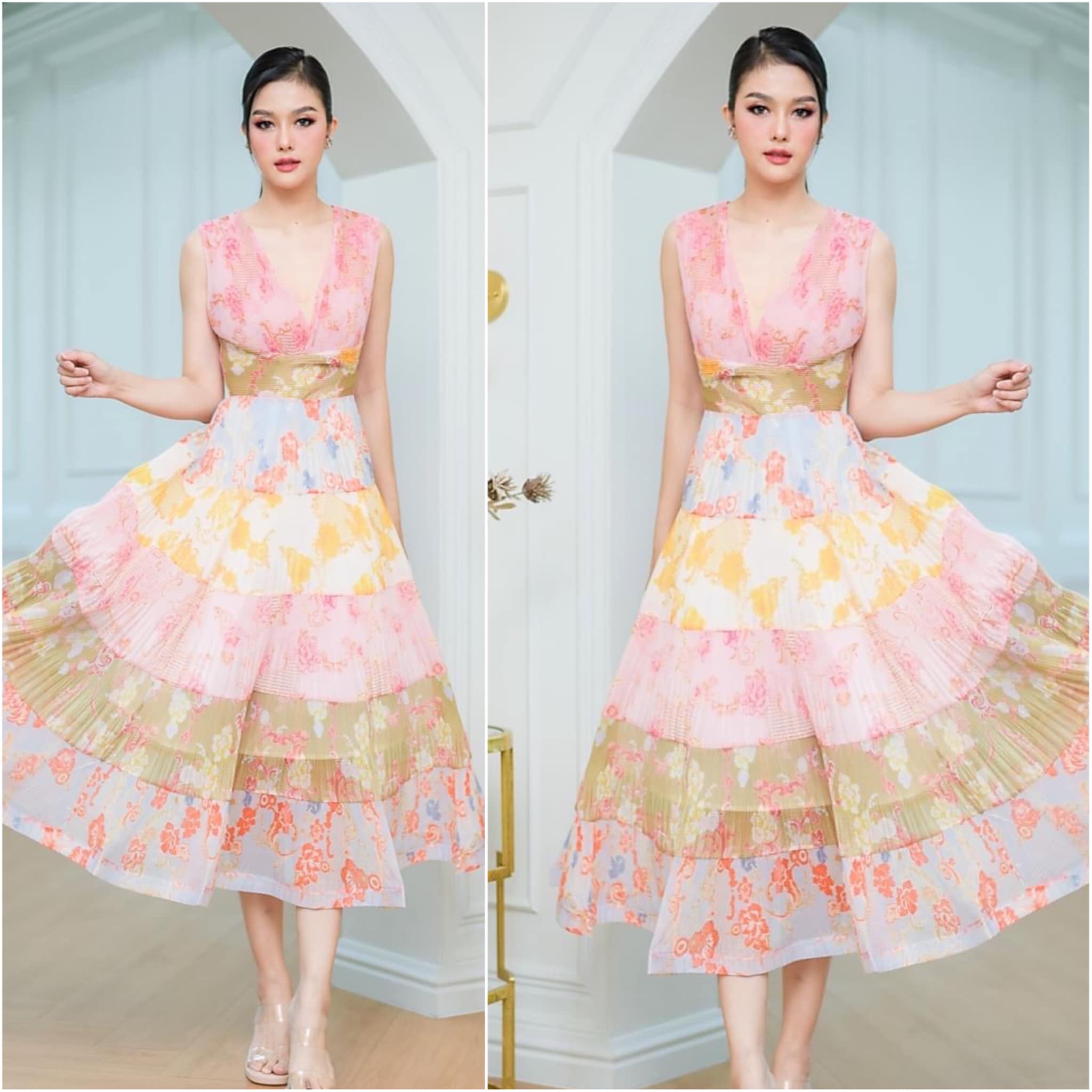 เดรสเสื้อคอวีแขนกุด กระโปรงบาน ทำจากผ้าเครปพิมพ์ลาย ลูกเล่นต่อ ผ้าเป็นชั้น อัดพลีทลูกฟูก สีสัน พาสเทลสดใส คัตติ้งดี มีซิปซ่อนและ ซับในอย่างดีค่ะ สินค้าคุณภาพ (พร้อมส่ง)