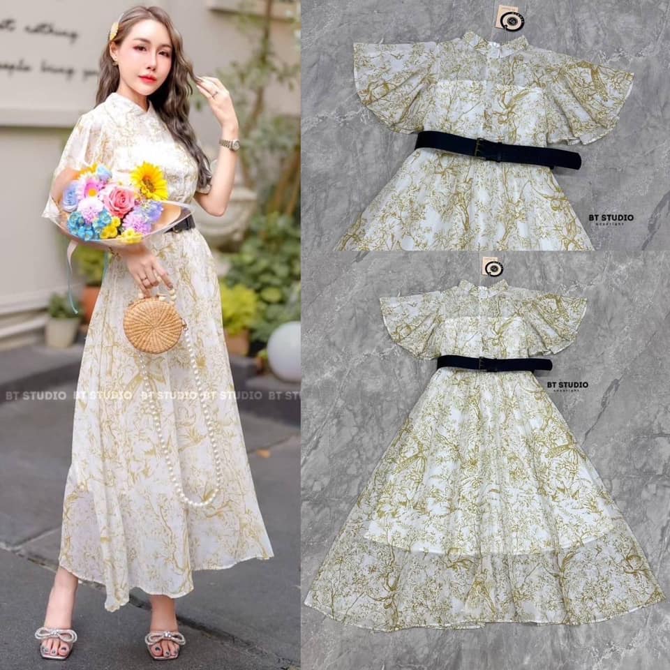 เซท 2 ชิ้น เดรสคลุมเข่าแขนสั้นแต่งแขนระบายพริ้ว ๆ เนื้อผ้าชีฟองพิมพ์ลายพริ้ว ๆ ใส่สบาย มีซับในสั้นด้านใน งานซิปหลัง มาพร้อมเข็มขัดสีดำ ใส่สบาย : สินค้าคุณภาพ (พร้อมส่ง)