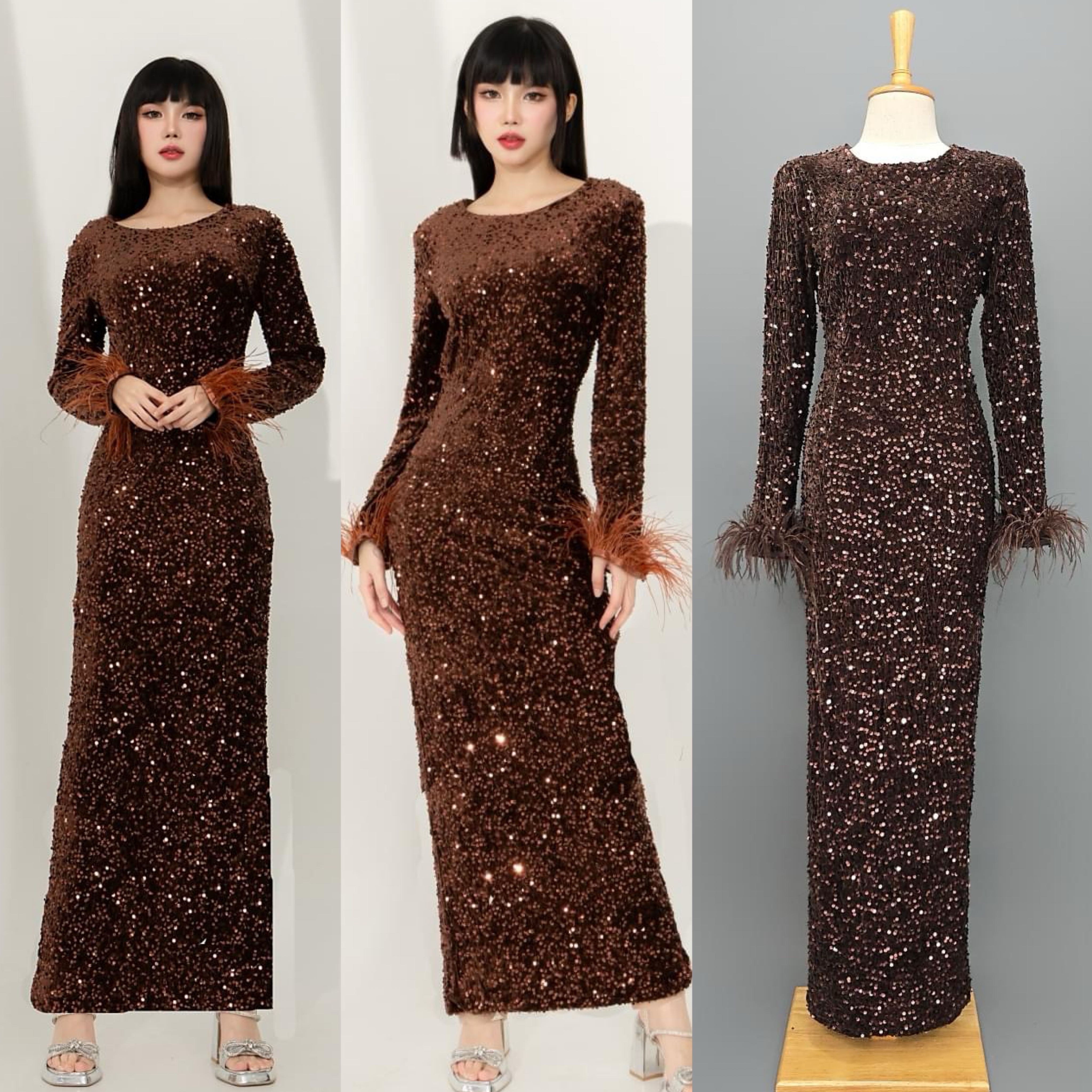 เดรสตัวยาว คอกลมแขนยาว แพทเทิร์น ทรงสวย ปลายแขนแต่งด้วยขนนก ปักเลื่อมเล่นแสงระยิบระยับทั้งตัว มีซิปซ่อนและซับในเต็มตัวค่ะ ใส่สบาย : สินค้าคุณภาพ (พร้อมส่ง)