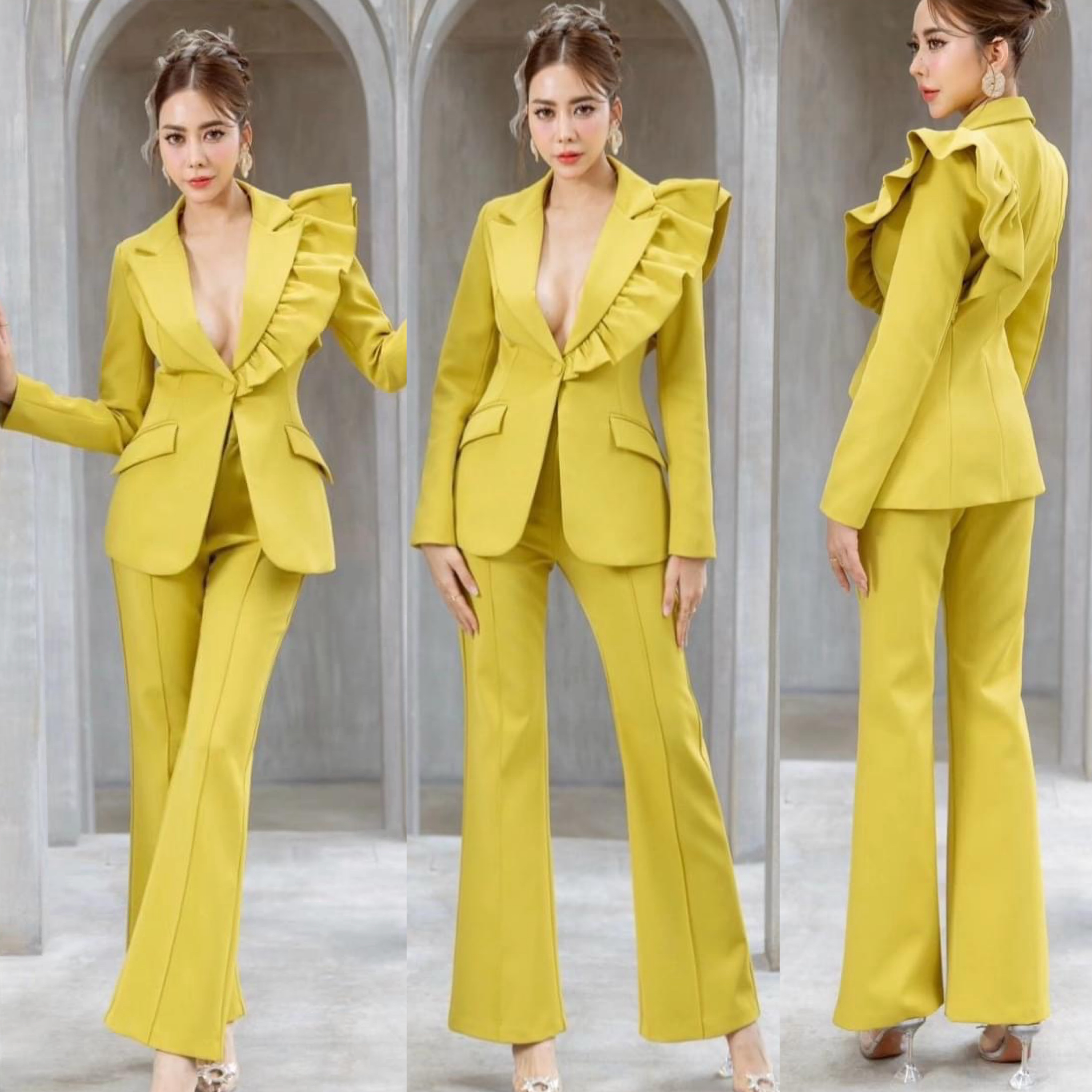 Setสูทแต่งระบายไหล่ข้างเดียว+กางเกงขายาว ทรงสวย ใส่สบาย สินค้าคุณภาพ (พร้อมส่ง)