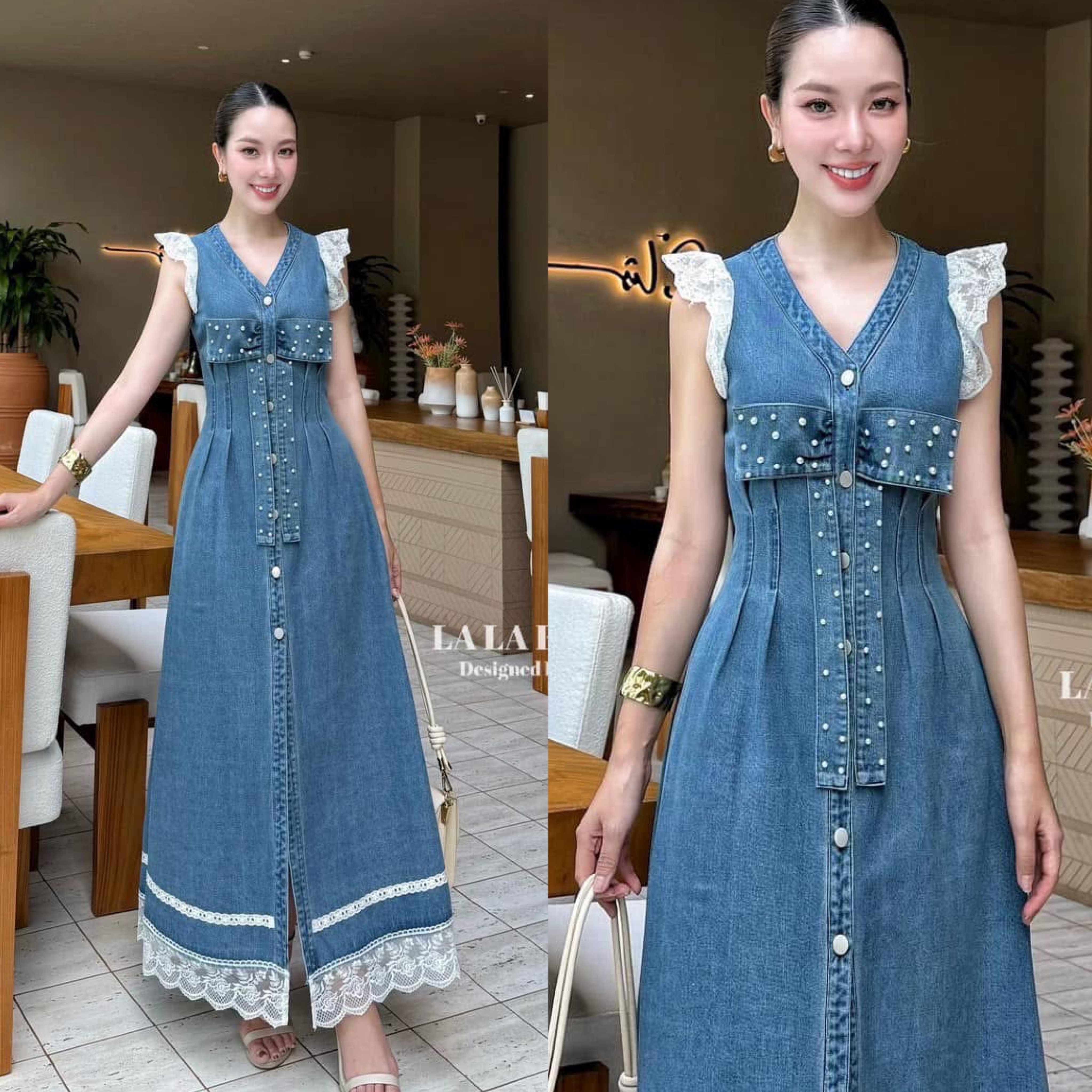 แม็กซี่เดรสยีนส์ฟอกทรงสวยคอวีแขนระบายลูกไม้อกแต่งโบว์ใหญ่ตอกมุขช่วงโบว์เอวเข้ารูปเข้าทรงเก็บเอวให่อย่างดีกระโปรงยาวใช้ผ้าเยอะมากชายกระโปรงแต่งลูกไม้ ใส่สบาย : สินค้าคุณภาพ (พร้อมส่ง)