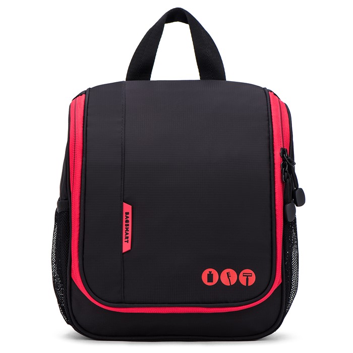 Bagsmart กระเป๋าใส่อุปกรณ์อาบน้ำ คุณภาพสูง ใส่อุปกรณ์อาบน้ำ แขวนได้ มีช่องใส่ด้านข้างสองด้าน สำหรับเดินทาง ท่องเที่ยว (Black-Red)