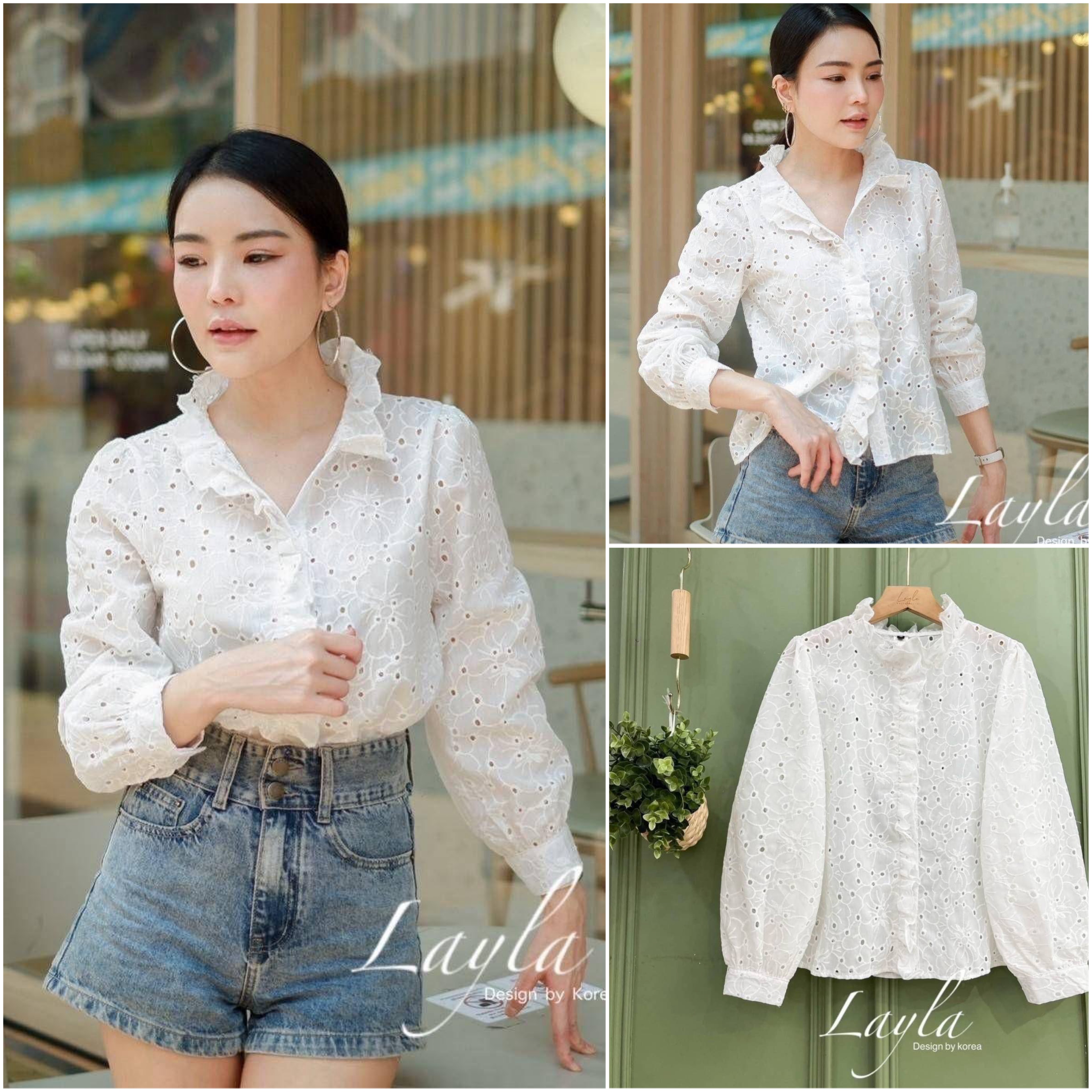 เสื้อปักฉลุลายดอกไม้ แบรนด์ sezane แบรนด์ที่กำลังมาแรงจากParis ทรงเชิ้ตคอระบายต่อยาวถึงแถบกระดุม ใส่สบาย : สินค้าคุณภาพ (พร้อมส่ง)