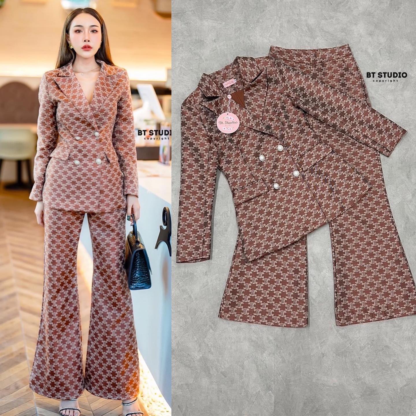 เซท 2 ชิ้น งานสวยม๊ากก เนื้อผ้าดี พร้อมเสริฟ เสื้อเบเซอร์แขนยาวคอปกแต่ง กระดุมมุกล้อมเพชร กระเป๋าใช้งานได้จริง มาพร้อมกางเกงขายาวเอวสูง : สินค้าคุณภาพ (พร้อมส่ง)