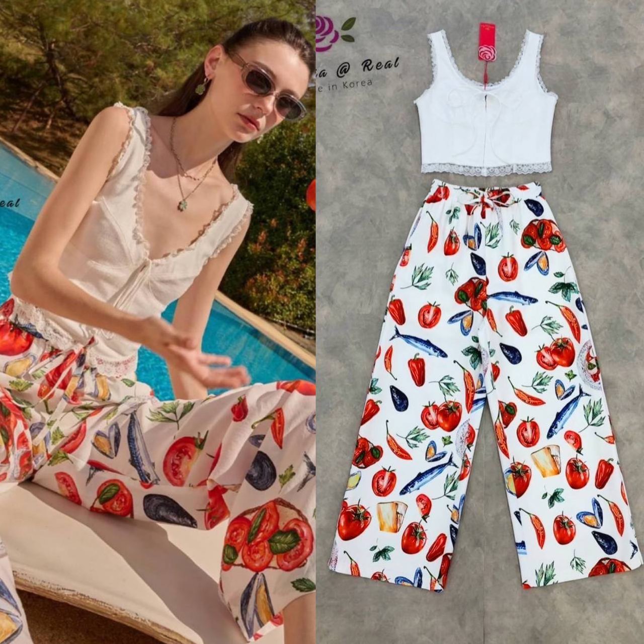 Set เสื้อตัวสวยทรงดี เพิ่มความ Cute ด้วยการตกแต่งระบายเล็กๆโดยรอบ อกผูกโบน่ารักทรงสวย +กางเกงขายาวทรงตรง ขากระบอก ใส่สบาย สินค้าคุณภาพ (พร้อมส่ง)