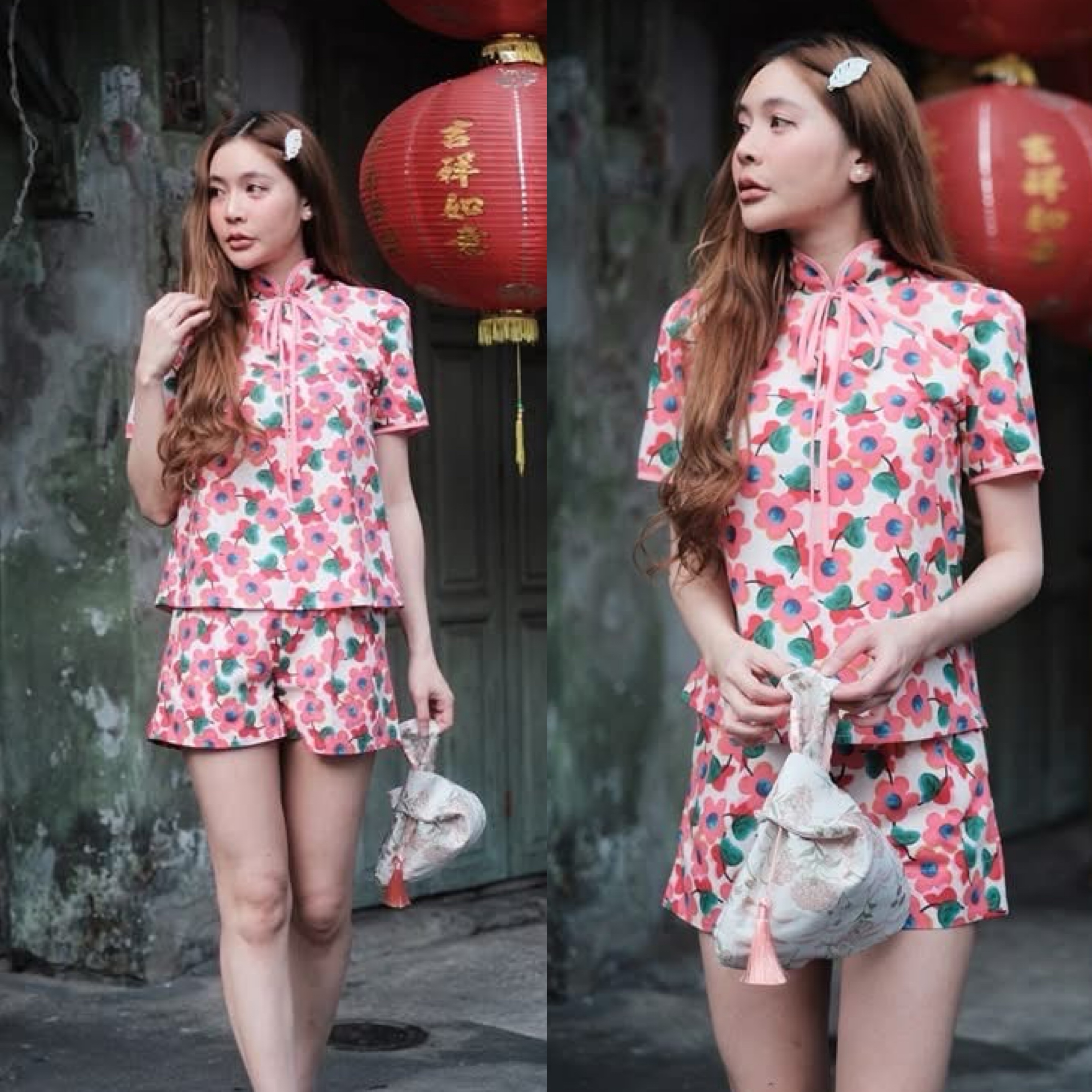 ชุดset เสื้อคอจีน ผ้าลายดอกไม้เล็กๆ ผ้าคือสวยมากๆ ป้ายด้านหน้าผูกโบว์ มีซิปด้านหลัง งานสวยเป๊ะ ชุดเดียวคือจบห้ามพลาดเลยน้า ใส่สบาย : สินค้าคุณภาพ (พร้อมส่ง)