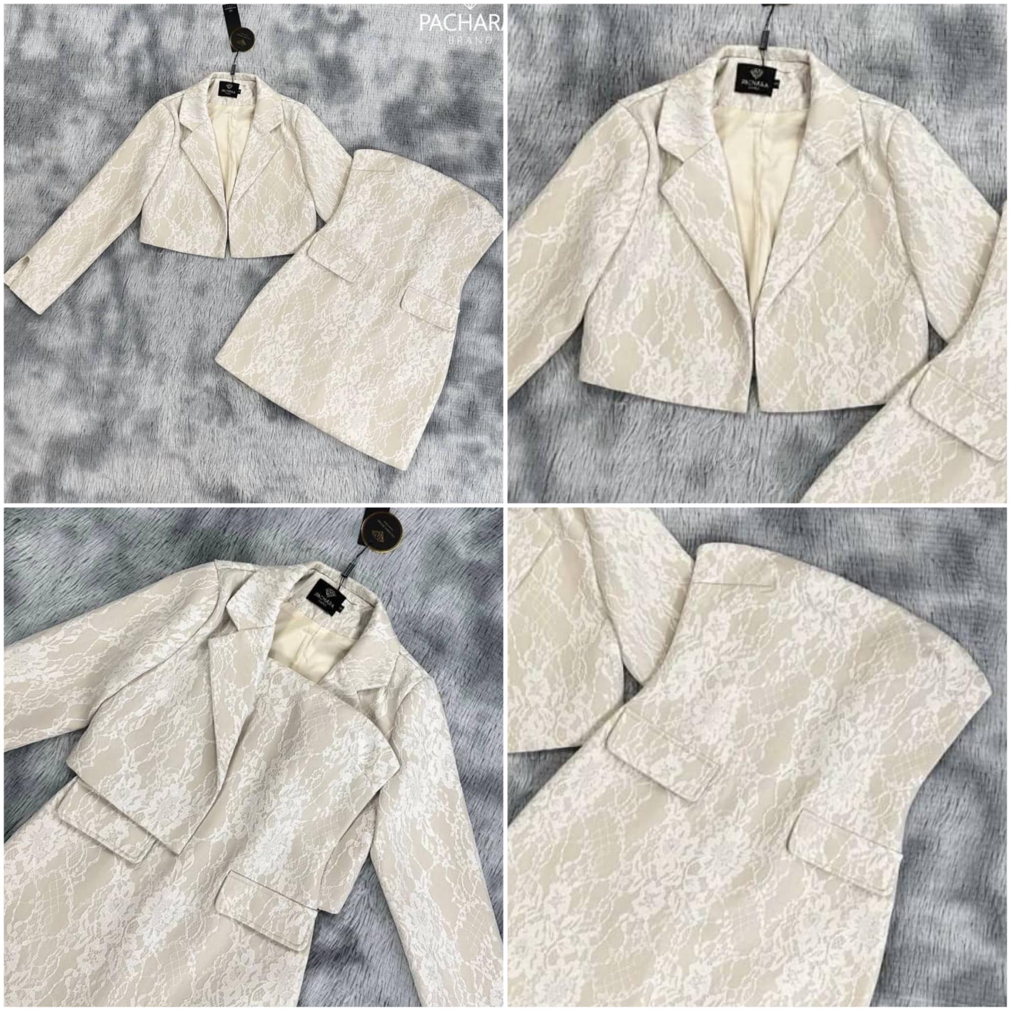 เซ็ต 2 ชิ้น เสื้อครอปสูทแขนยาวสีครีม เนื้อผ้าหนาปักลายลูกไม้สีขาว คู่กับเดรสสั้นเกาะอกทรงเข้ารูป งานมีซับในอัดกาวอย่างดี สินค้าคุณภาพ (พร้อมส่ง)