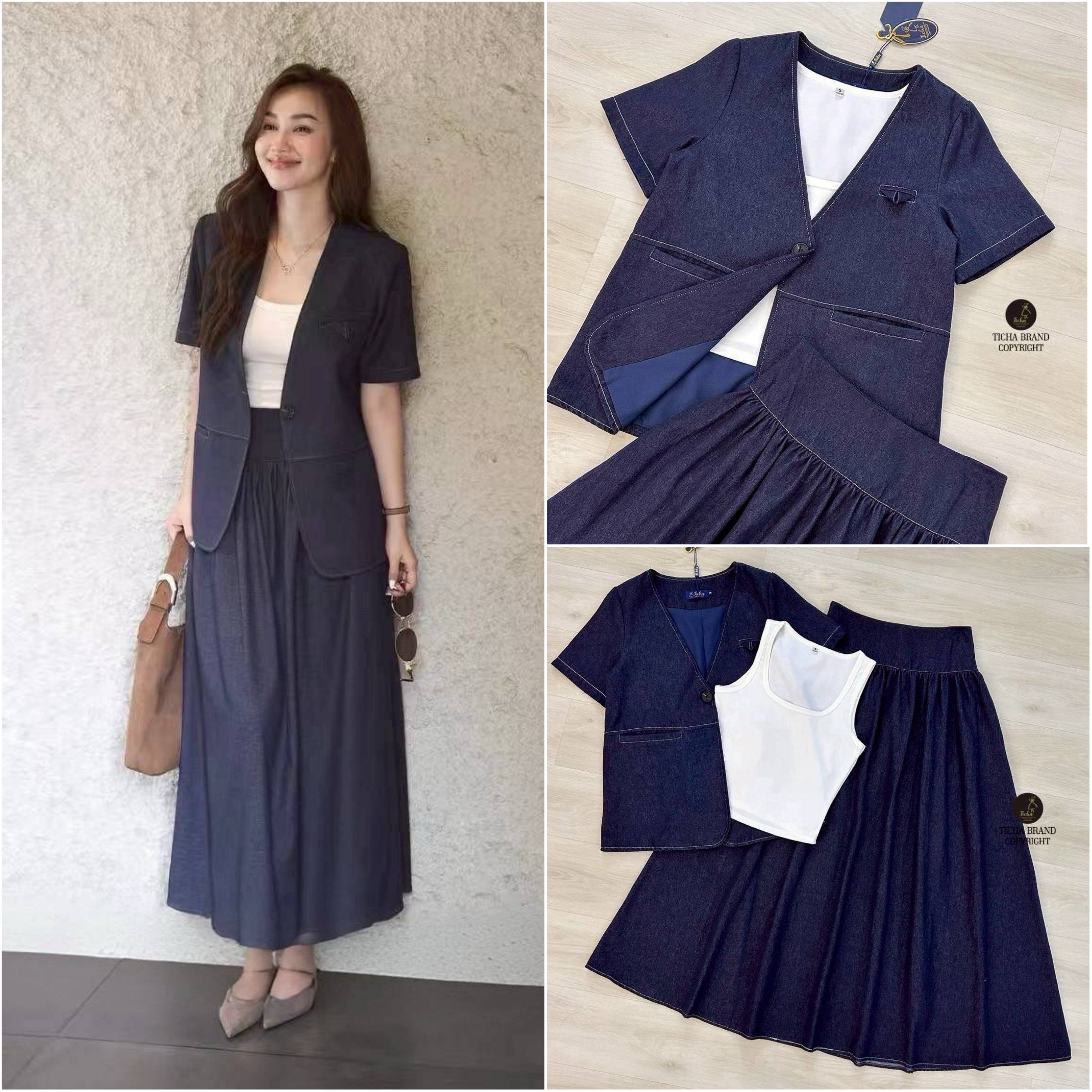 Set 3 สุดคุ้ม เสื้อเบลเซอร์คอวีแขนสั้นสีดำผ้ายีนส์เทียม ทรงโอเวอร์ไซส์มีกระดุมหน้า1เม็ด แต่งกระเป๋าหน้าใช้งานได้จริง ช่วงไหล่เสริมฟองน้ำ มาพร้อมเสื้อครอปแขนกุดสีขาวตัวใน ใส่แมทซ์กับกระโปรงยาวทรงบ ใส่สบาย : สินค้าคุณภาพ (พร้อมส่ง)