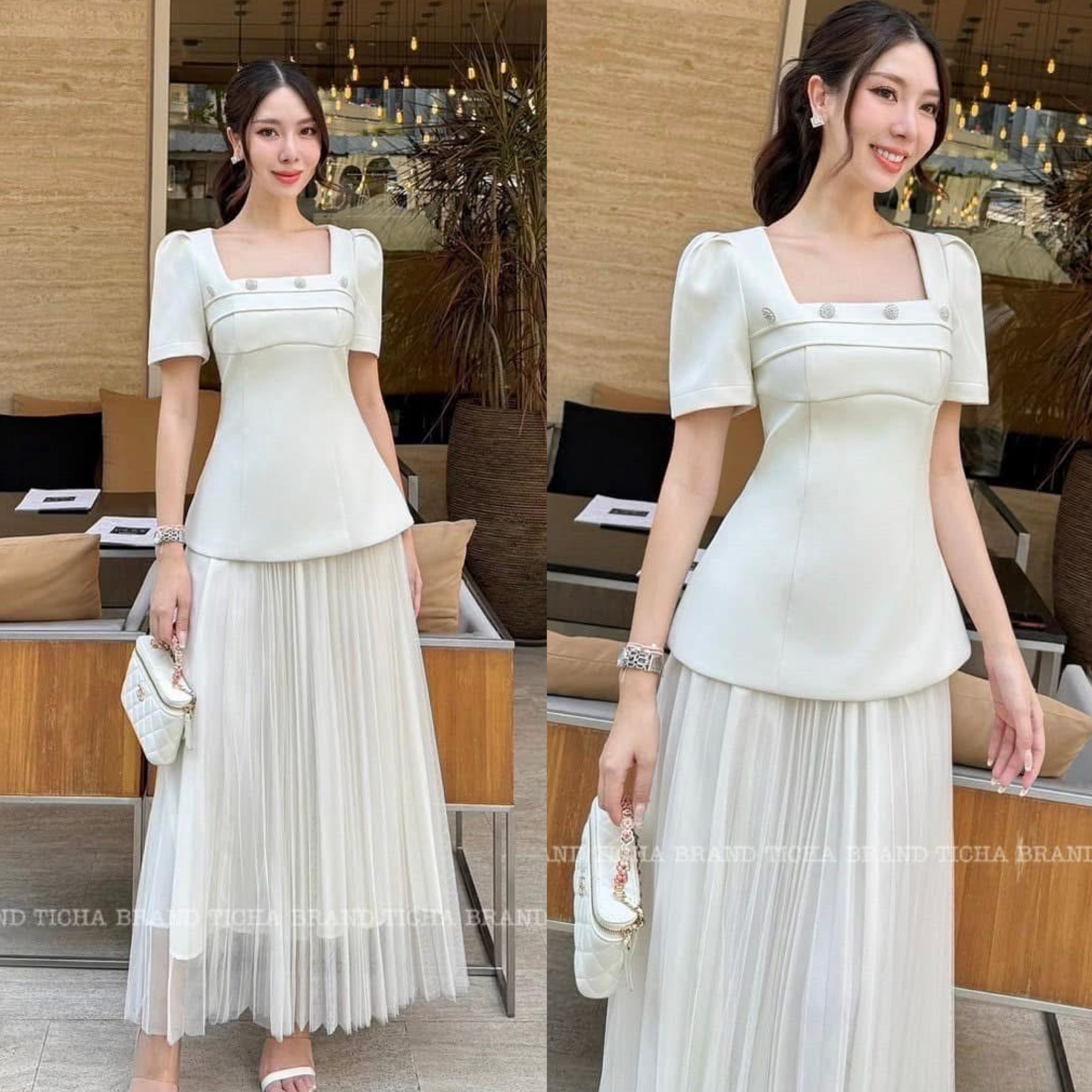 Set 2 ชิ้นสีครีม เสื้อตัวยาว ดีไซน์คอเหลี่ยมแขนสั้นจับจีบยกไหล่ ด้านหน้า แต่งอะไหล่เพชร จับจีบผ้าเป็นชั้น ๆ (มีซิปหลัง ) มาคู่กับกระโปรงยาวอัดพรีทผ้ามุ้ง ใส่สบาย : สินค้าคุณภาพ (พร้อมส่ง)