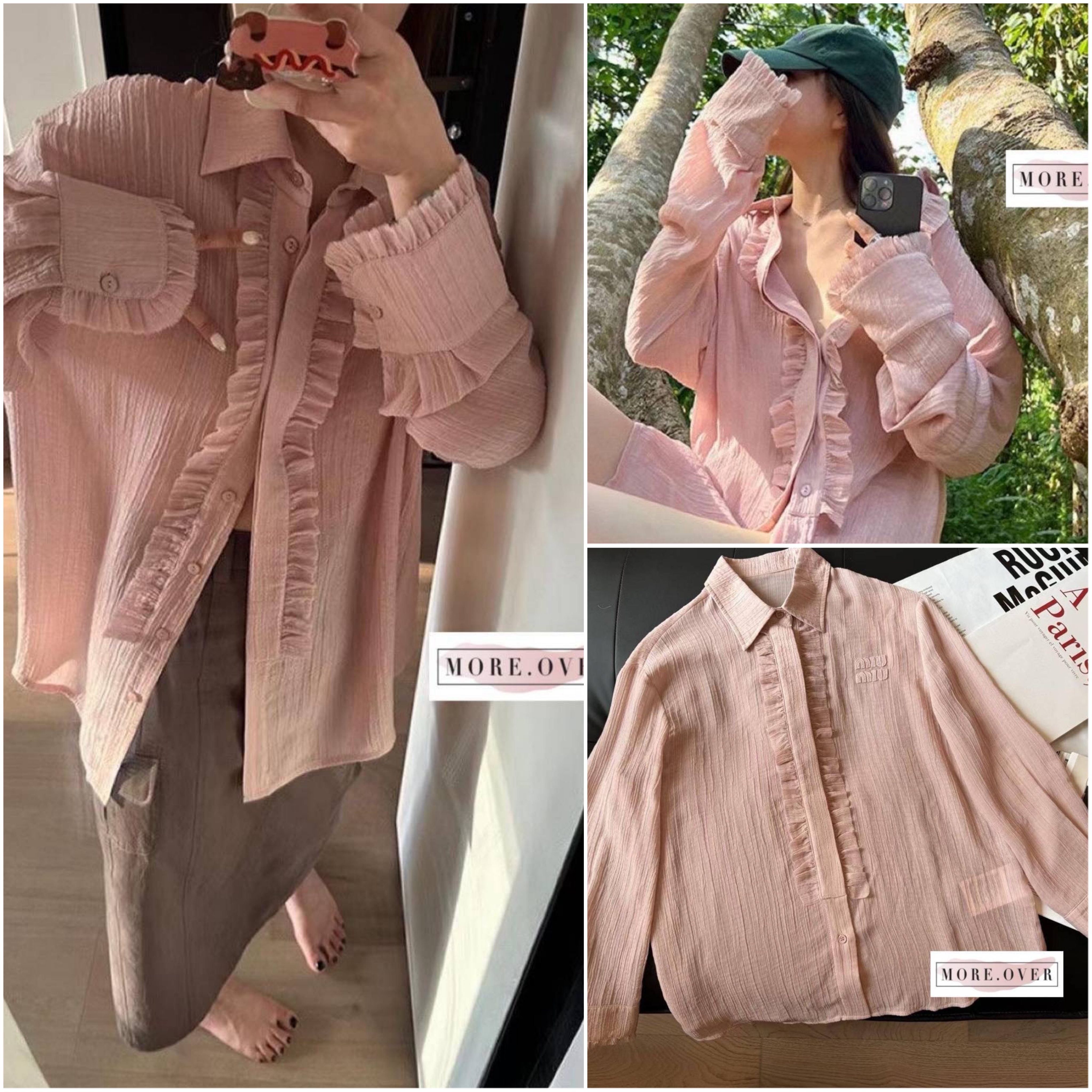 เสื้อเชิตแขนยาวแต่งระบายช่วงอกปักชื่อแบรนด์ MIU MIU : สินค้าคุณภาพ (พร้อมส่ง)