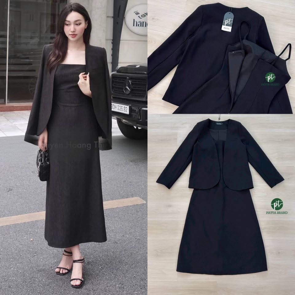 เซต2ชิ้น สีดำ เสื้อคลุมสูทแขนยาว +เดรสสายเดี่ยวยาว ใส่สบาย : สินค้าคุณภาพ (พร้อมส่ง)