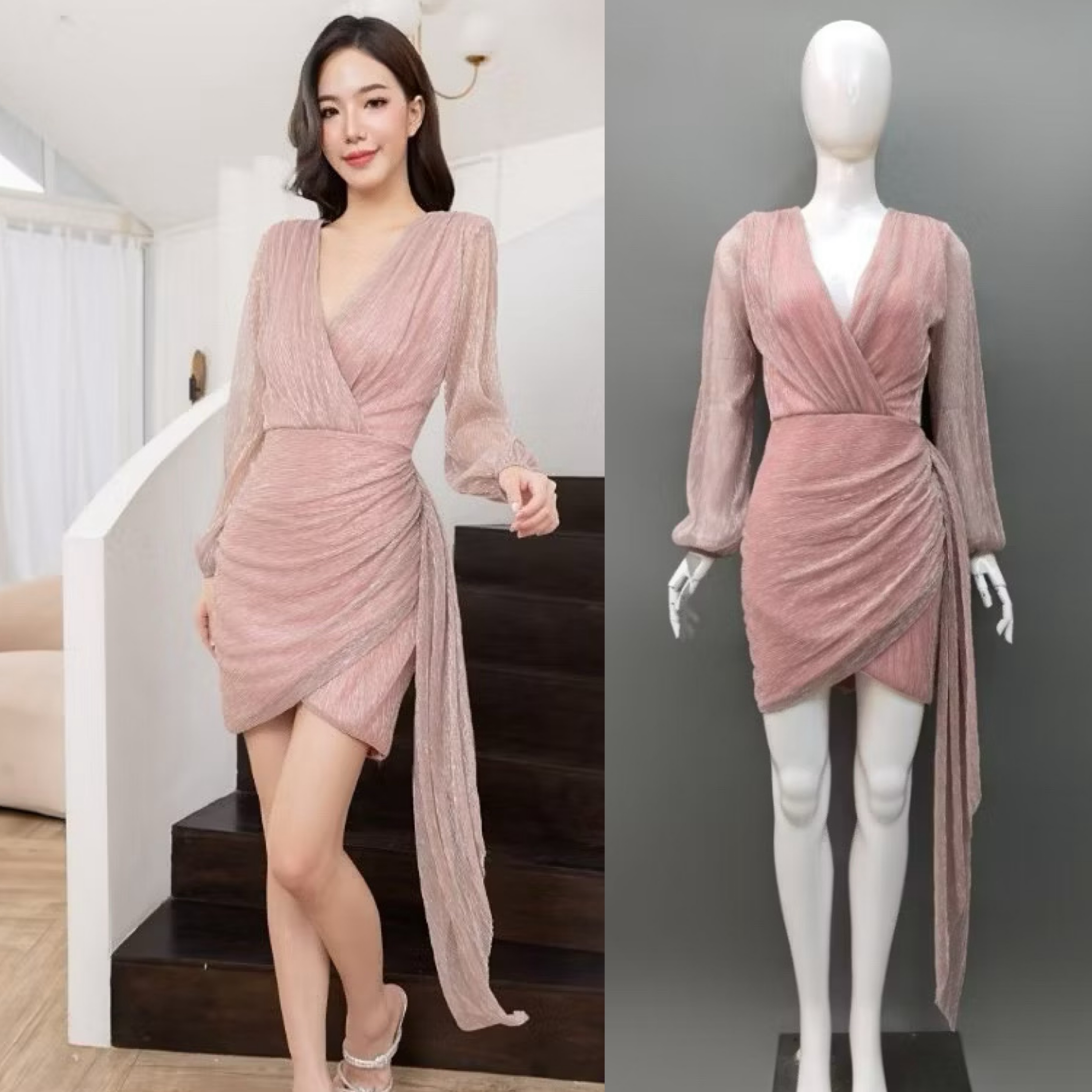 เดรสเสื้อแขนยาวเสริมไหล่ คอป้ายจับเดรป กระโปรงป้ายทรงสอบจับเดรป ดีเทลมีระบาย ด้านข้าง ใส่สบาย : สินค้าคุณภาพ (พร้อมส่ง)