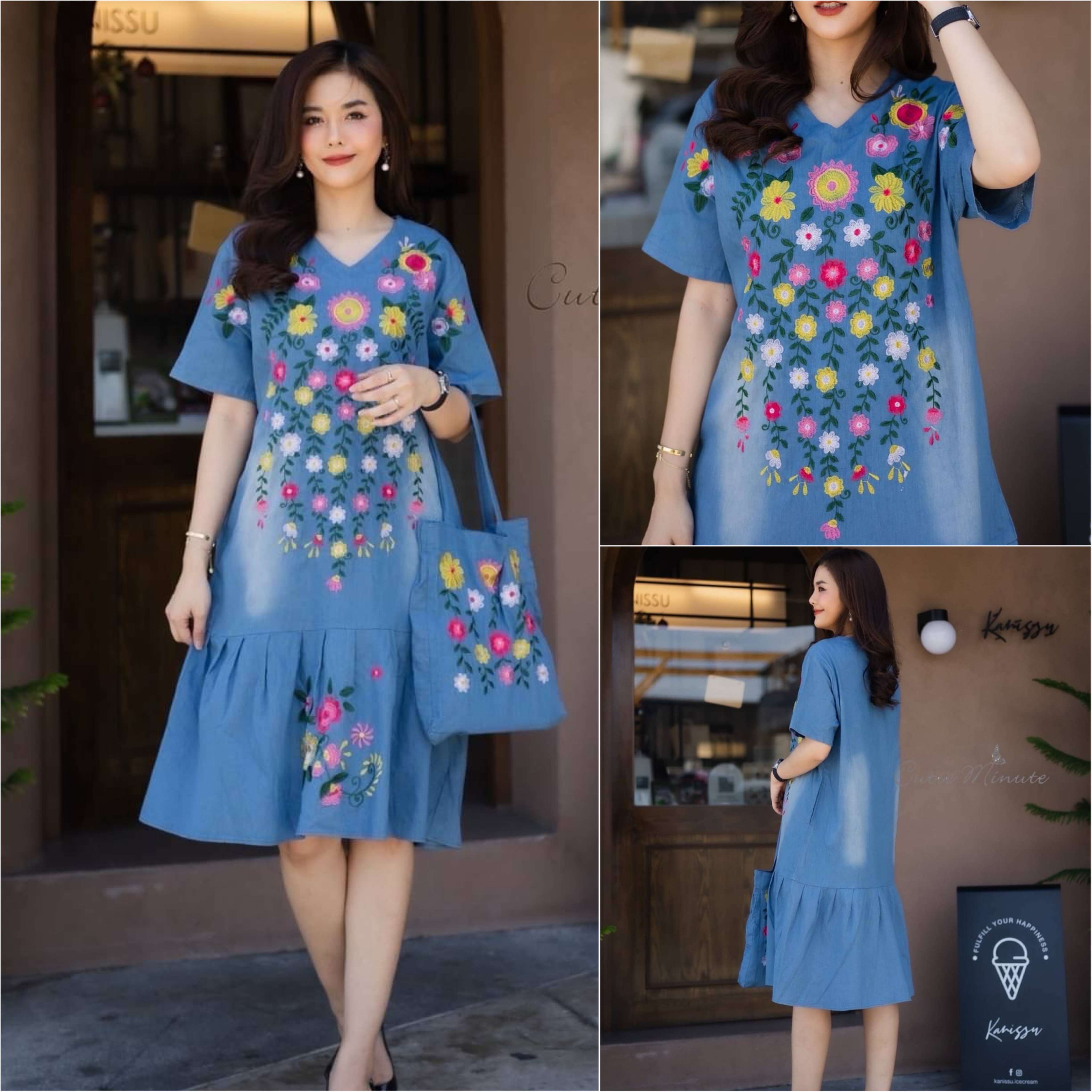 เดรสผ้ายีนส์เนื้อหนาเกรดพรีเมี่ยม เนื้อผ้า มีความยืดหยุ่น ผ้าดีมากค่ะ งานปักฝีมือสวย มากๆค่ะ ดีเทลปักลายดอกไม้สีสันสดใสทั้งตัว ชายกระโปรงจับจีบระบายเล็กๆ ใส่สบาย : สินค้าคุณภาพ (พร้อมส่ง)