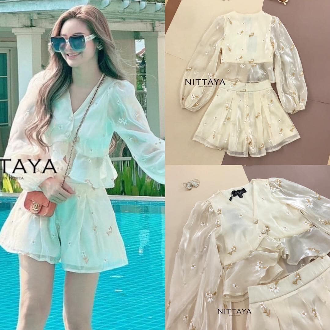 เชตครีมแขนยาวพองปักลูกไม้ มาพร้อมกับ กก.ขาสั้น รุ่นนี้ผ้าใส่เบา สบายเลยจ้า สินค้าคุณภาพ (พร้อมส่ง)