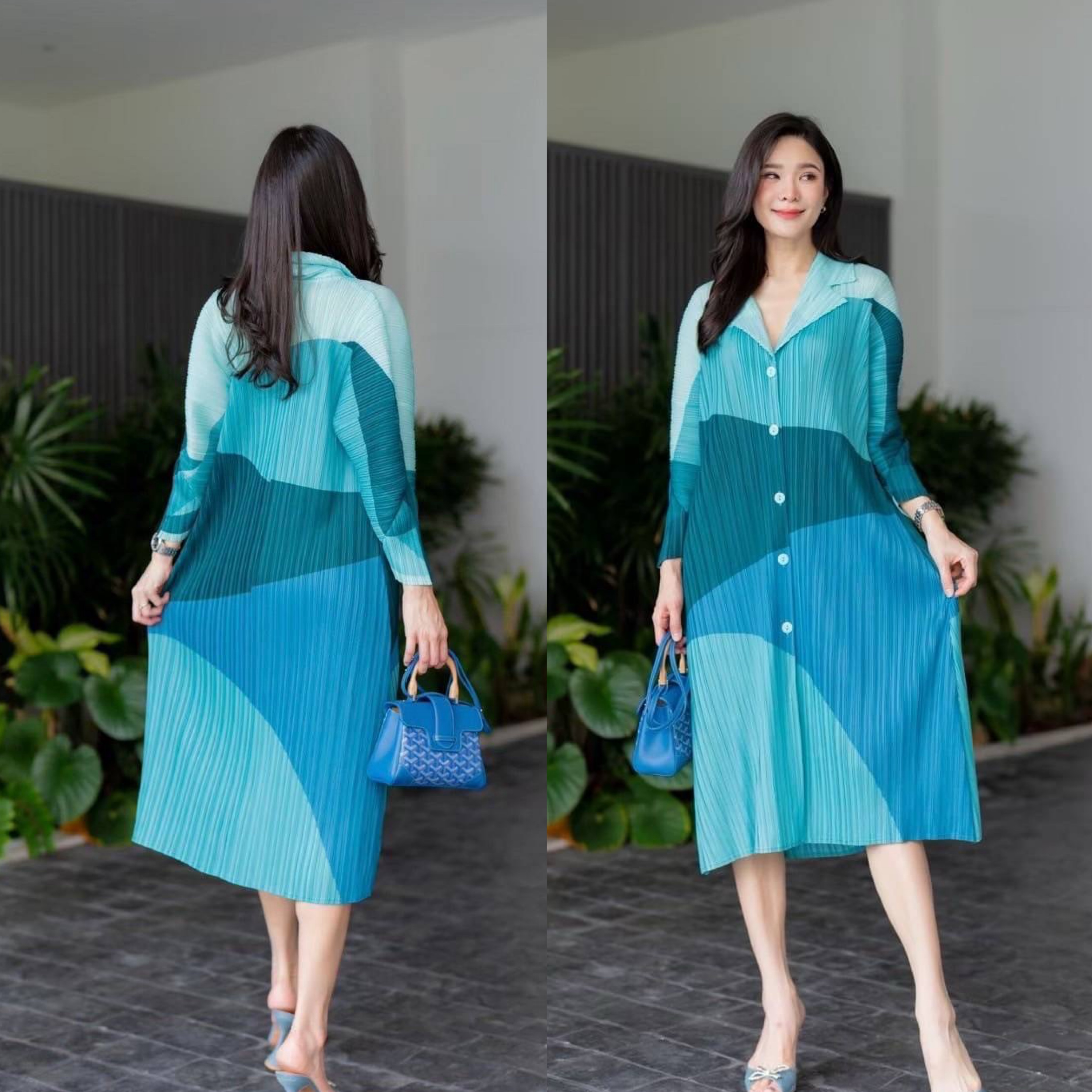 มินิเดรสอัดพลีท คอปกสูทเล็ก กระดุมหน้า เปิด/ปิด ได้ทั้งชุด แขนพองแบบตัดต่อ ให้ดูมีมิติ ยาว 4 ส่วน งานสวย ระดับ Premium : สินค้าคุณภาพ (พร้อมส่ง)