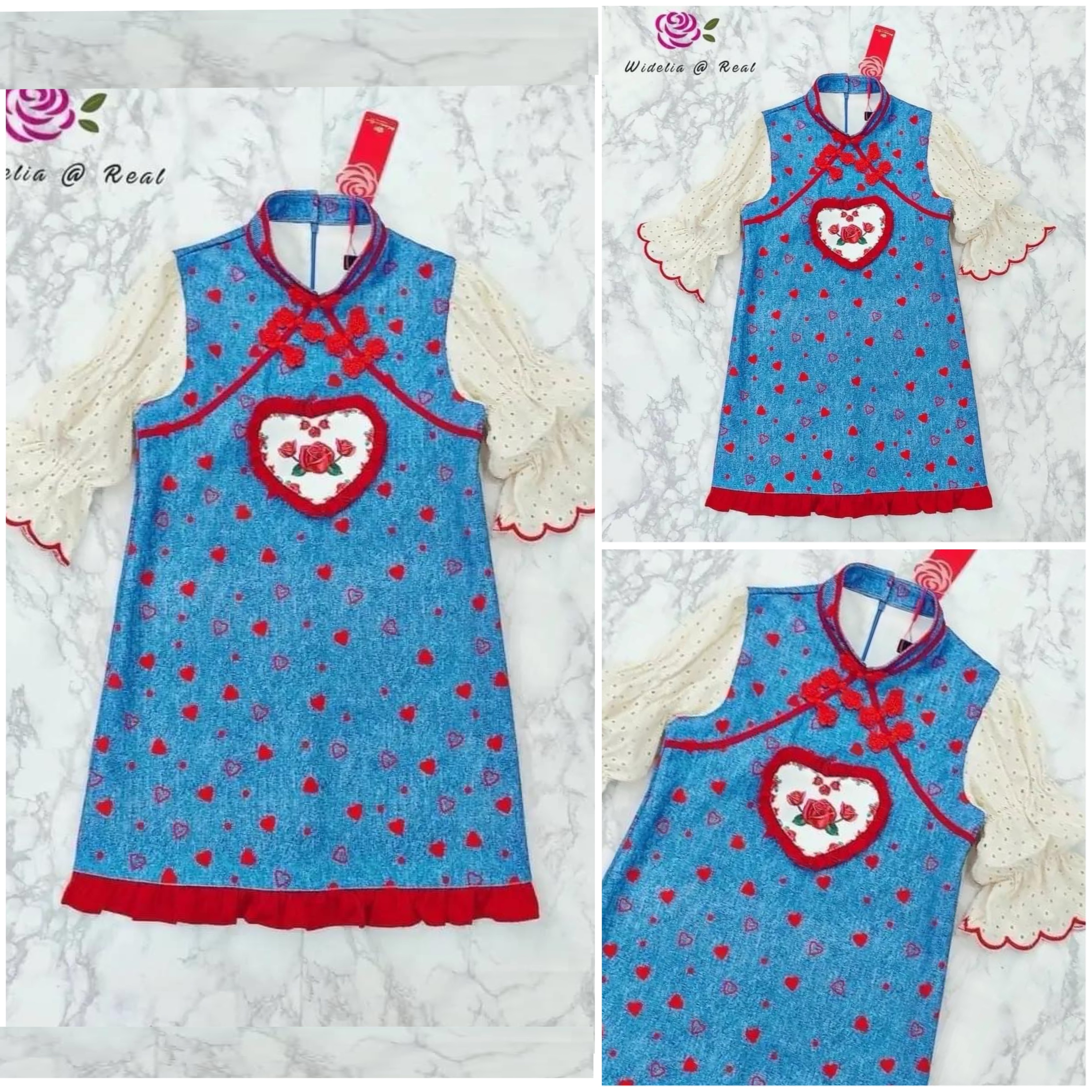 Dress เดรสกี่เพ้าแสนสวย ช่วงแขนเป็นผ้าฉลุ อกแต่งหัวใจ ตัวเดรสแต่งขอบแดงมาอย่างดี ใส่สบาย สินค้าคุณภาพ (พร้อมส่ง)