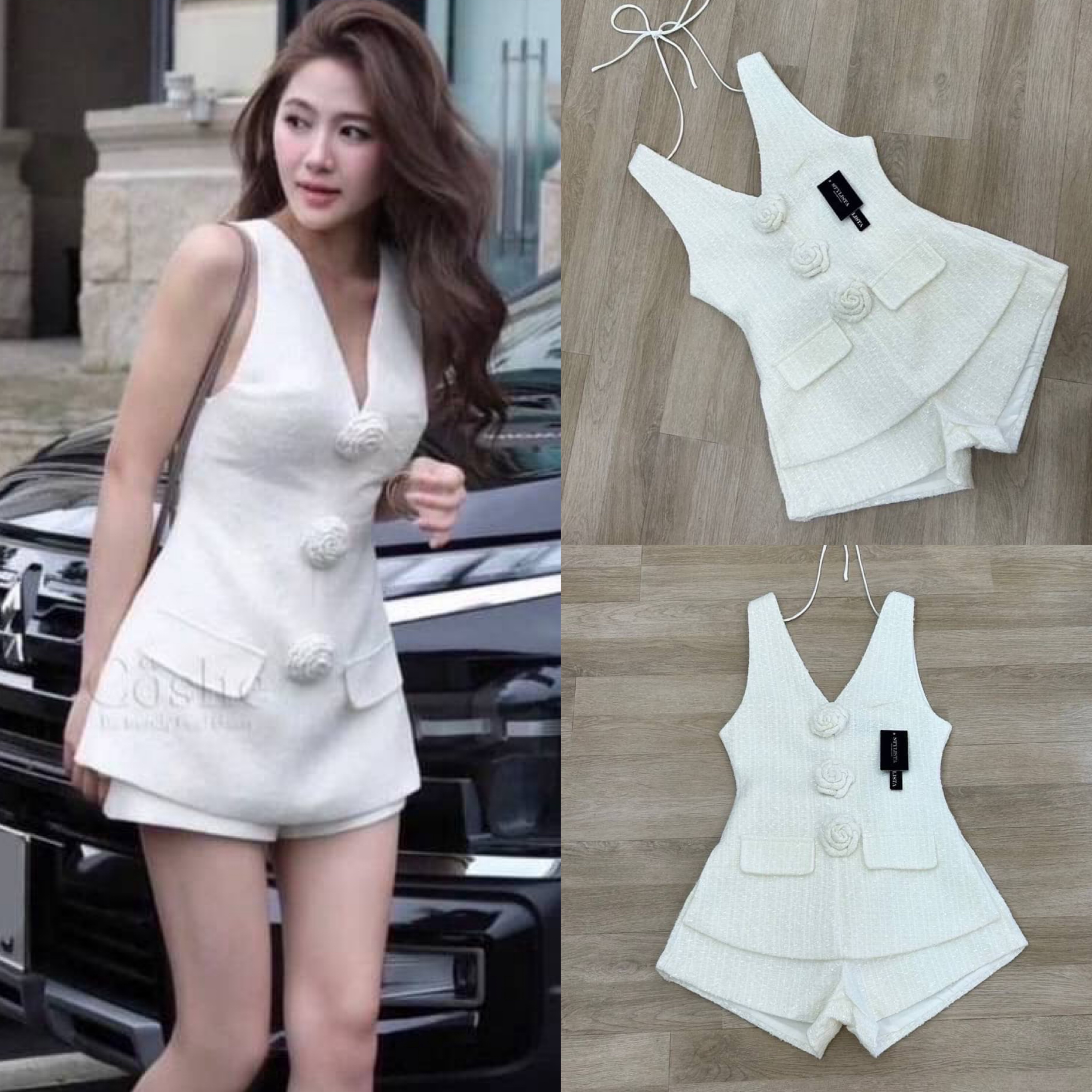 เซตเสื้อผ้าทวิต แขนกุด ทรงพอดีตัว เเต่งดอกไม้ด้านหน้า มาพร้อมกางเกงขาสั้นเข้าชุด ใส่สวยเรียบหรูดูดีมากๆ ใส่สวยมาก ใส่สบาย : สินค้าคุณภาพ (พร้อมส่ง)