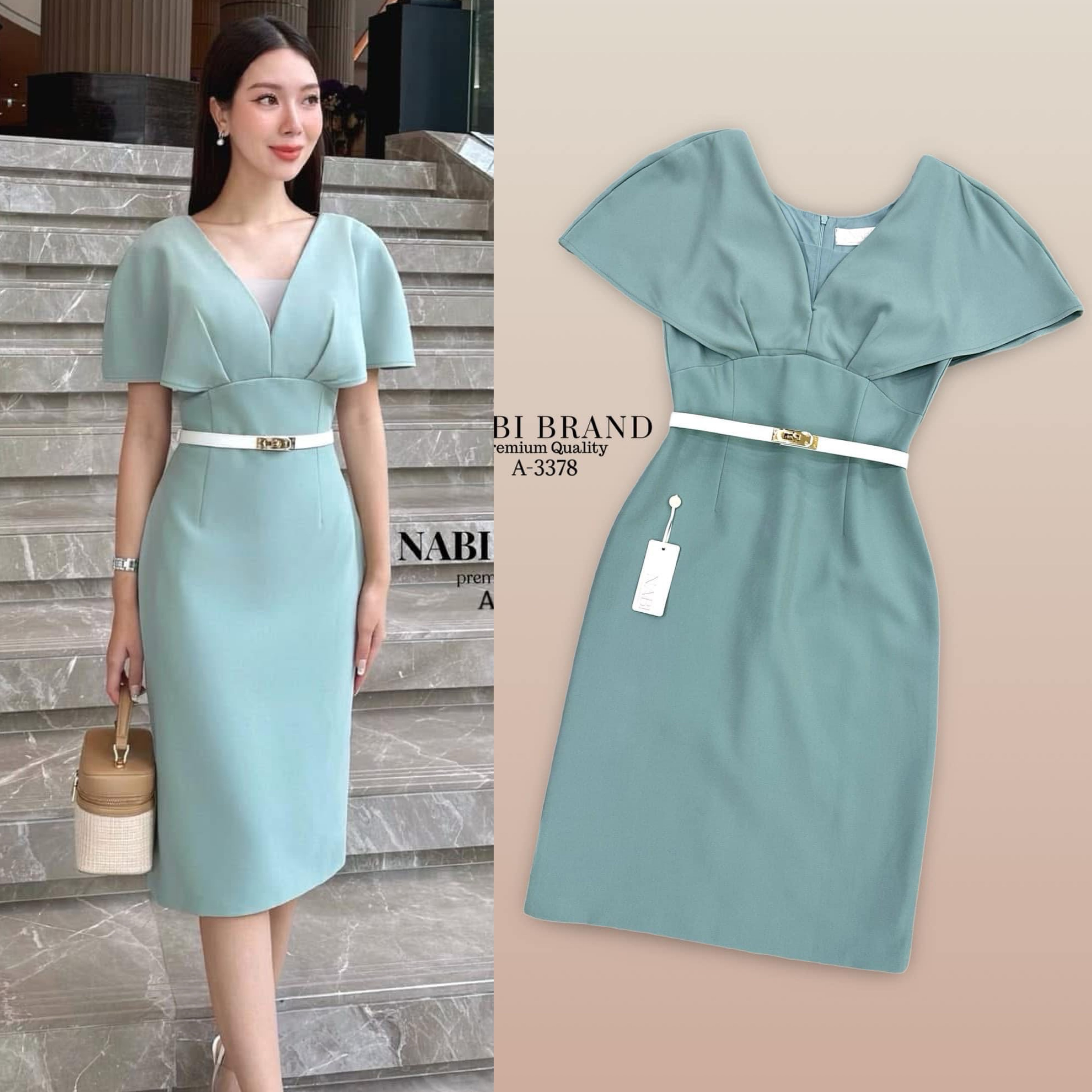 เดรสปิดแขน ทรงคอวี ช่วงอกแต่งผ้าซีทรู ผ่าด้านหลัง เดรสทรงสวย ลุคผู้ดี ช่วงอกเสริมฟองน้ำ มีซับในอย่างดี มาพร้อมเข็มขัดสีขาว ใส่แมทส์กันสวย ใส่สบาย : สินค้าคุณภาพ (พร้อมส่ง)