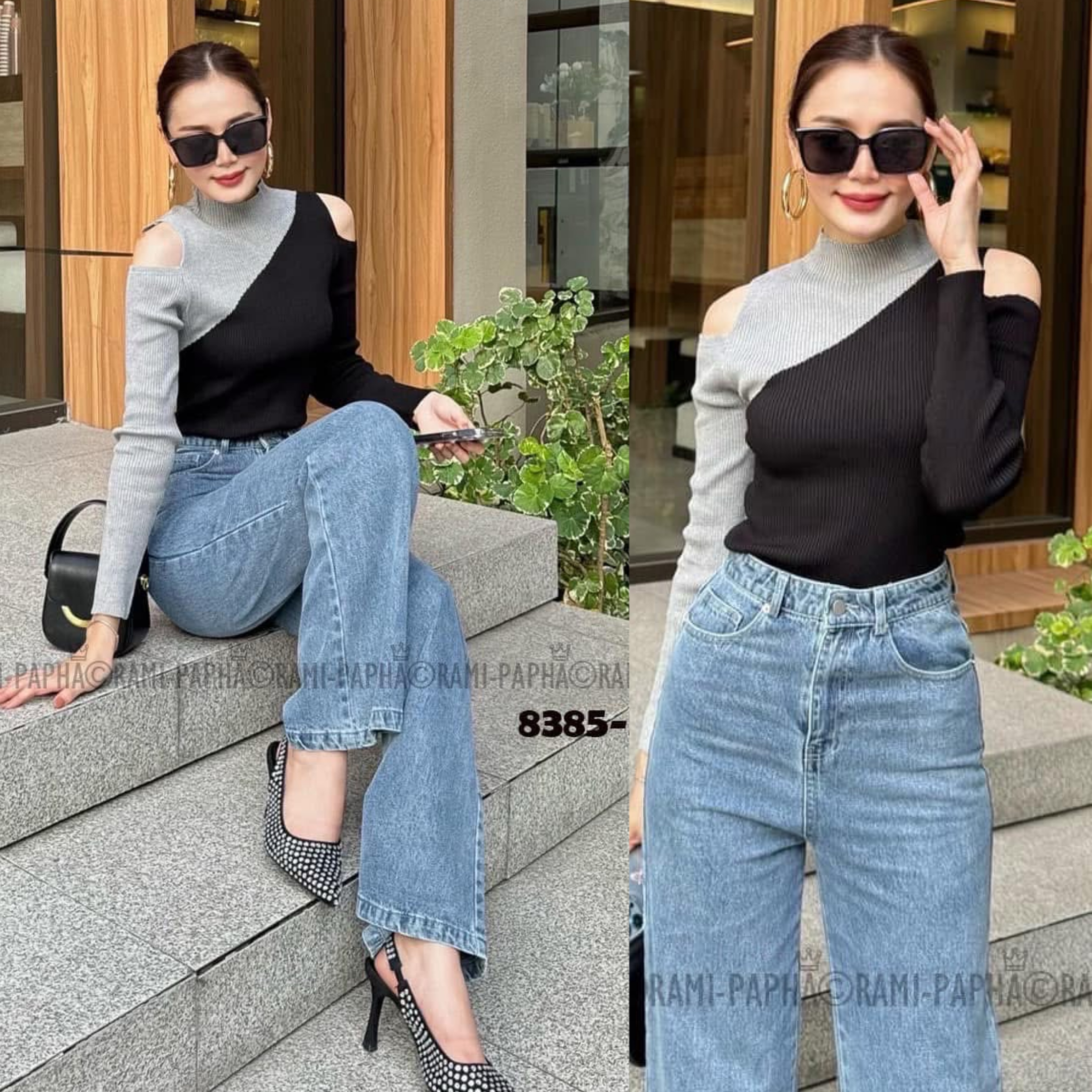 Set 2ชิ้น เสื้อนิตติ้งสีทูโทนสวยเก๋ พร้อมกางเกงขายาว ใส่สบาย : สินค้าคุณภาพ (พร้อมส่ง)