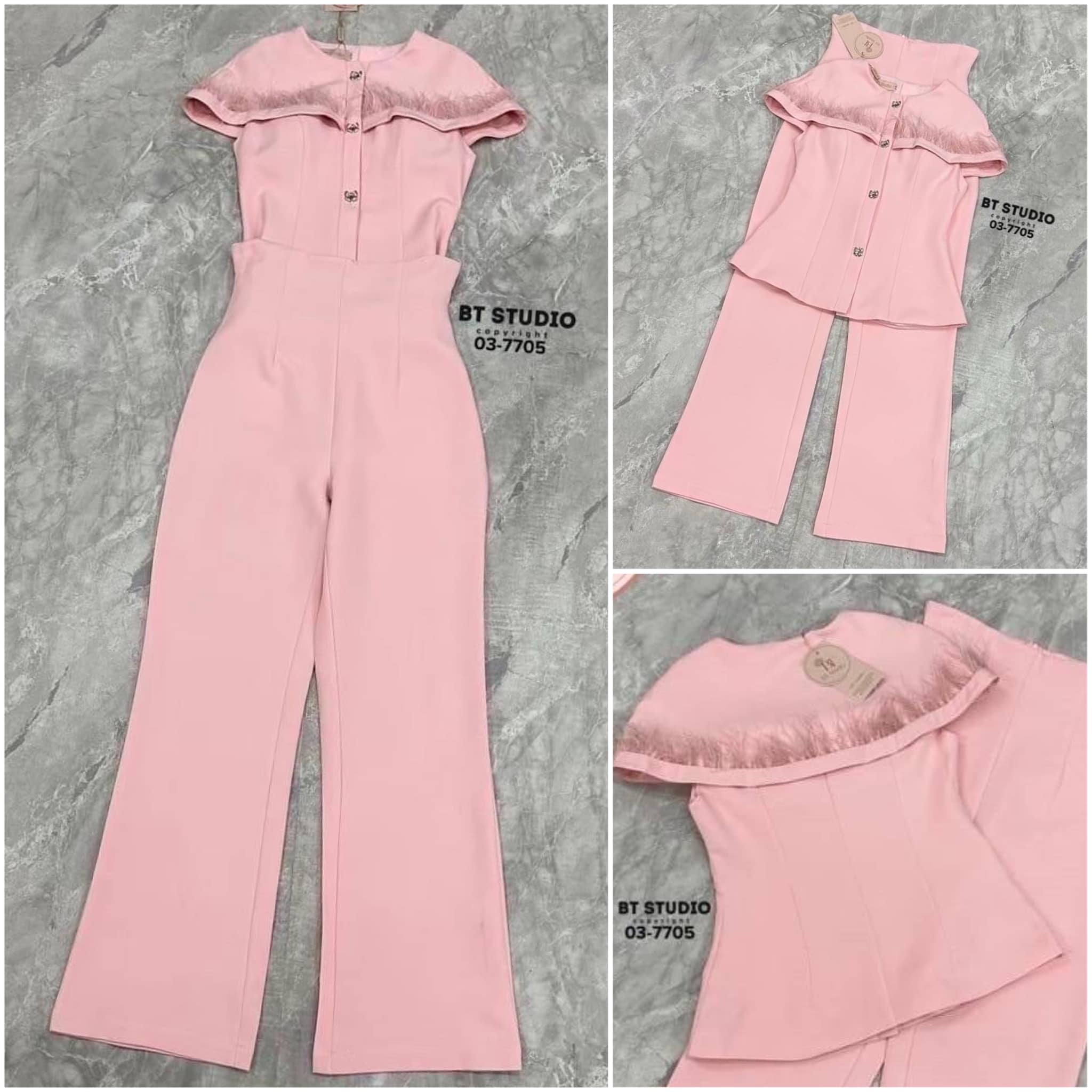 เซท 2 ชิ้น เสื้อแขนสั้นดีไซส์แต่ง เหมือนคลุมแขน ช่วงบนอกแต่งขนนก กระดุมหน้า แมทซ์กับกางเกงขา ยาวเอวสูง ใส่สบาย สินค้าคุณภาพ (พร้อมส่ง)