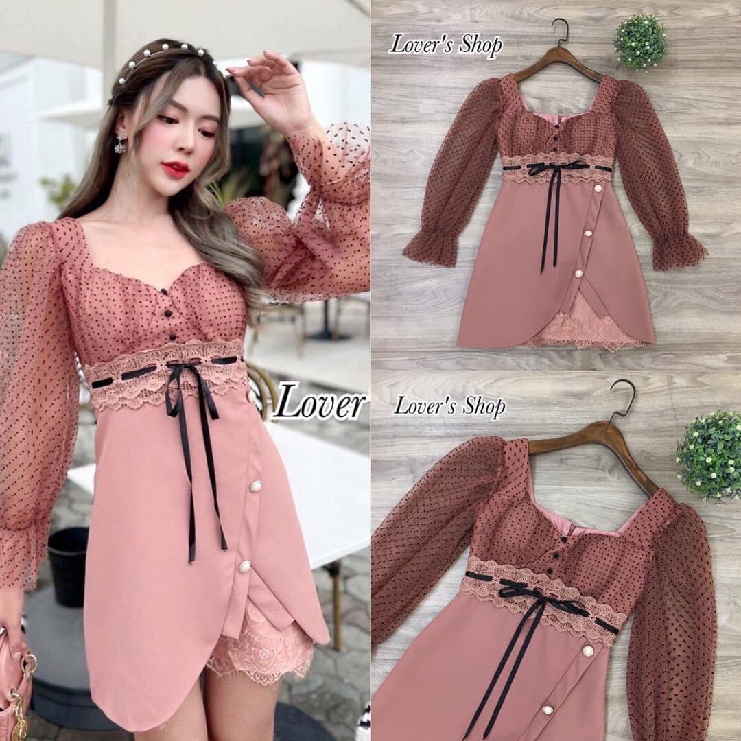 เดรสกระโปรงทรงน่ารัก แค่ชายระบาย ลูกไม้ ช่วงเสื้อเป็นผ้าลายจุดผ้านุ่มใส่สบาย ไม่คันนะคะ อกเสริมฟองน้ำ กระโปรงทรงเข้ารูป ชายกระโปรงแต่งระบายลูกไม้ งานซิบหลังใส่ง่าย สินค้าคุณภาพ (พร้อมส่ง)