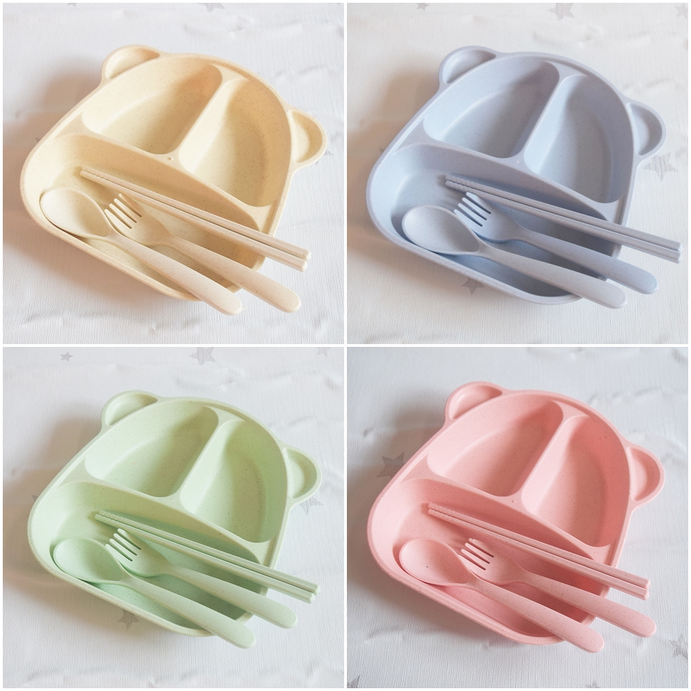 ถาดหลุมเด็กรูปหมี ชุดจานข้าวเด็กพร้อมช้อนส้อมและตะเกียบ จากฟางข้าวสาลี BPA-Free ปลอดสารพิษ