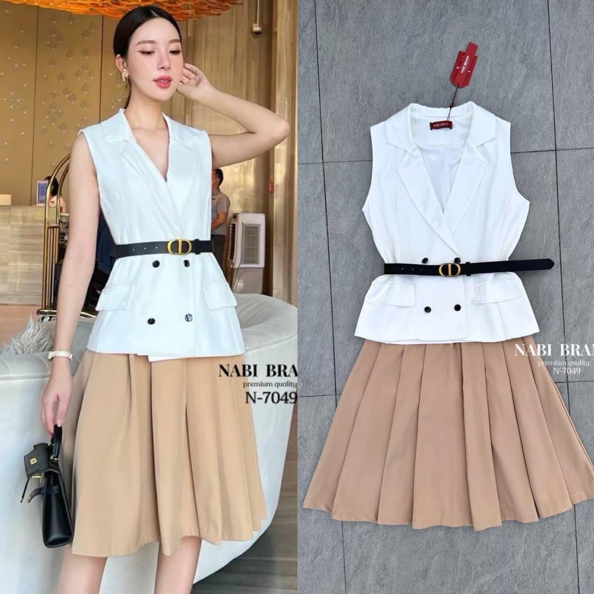 ชุดเซท 3 ชิ้น เสื้อBlazerแขนกุดสีขาว+กระโปรงอัดพลีทน้ำตาล มาพร้อมกับเข็มขัดหนังดำหัวเข้มขัด CD ใส่สบาย สินค้าคุณภาพ (พร้อมส่ง)