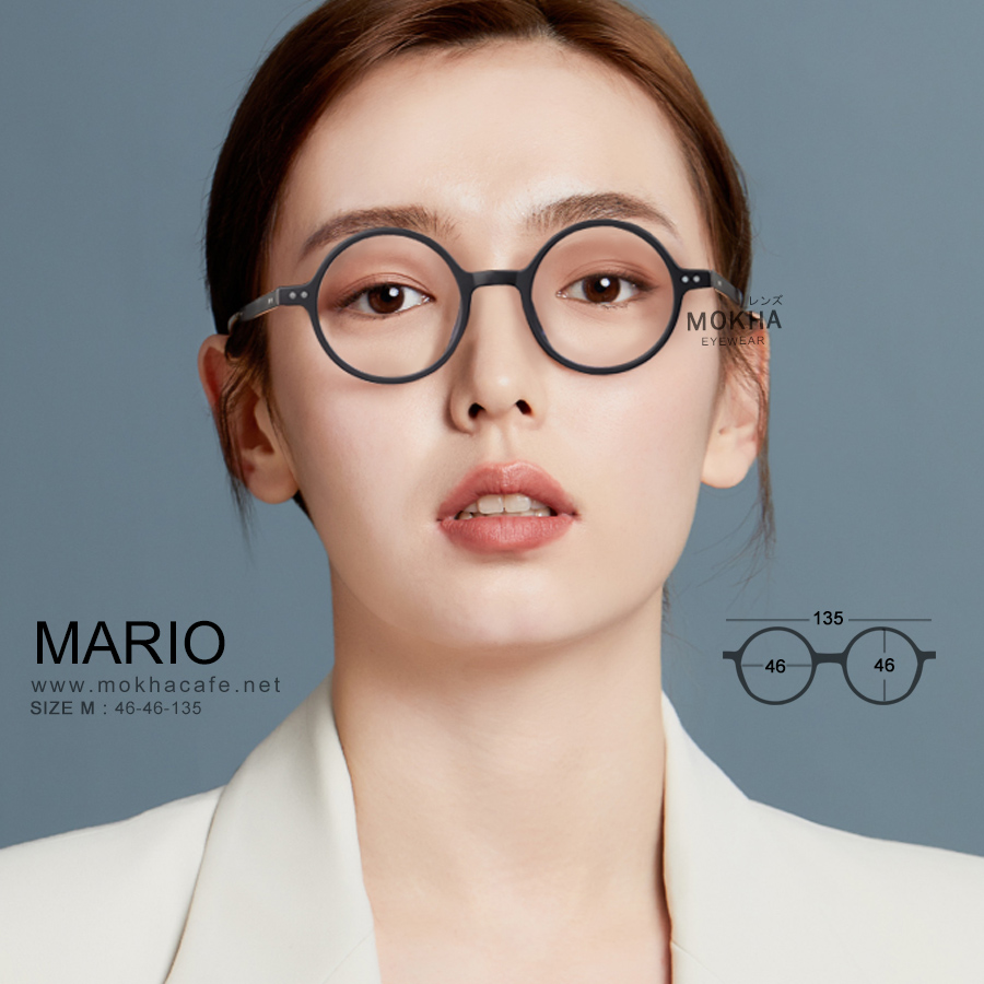 MARIO - black กรอบแว่นตา TR90 แว่นทรงกลม แกนขาโลหะ เหนียวทนทาน กว้าง 135 มม. (sizeM) H46