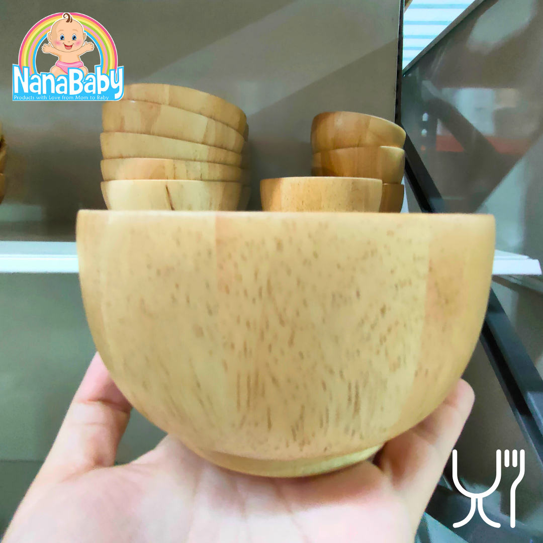 จานไม้กลม จานไม้รูปหมี จานไม้ถาด ถ้วยไม้ จากไม้ยางพาราแท้ Food Grade Japanese Wood Plate by NanaBaby