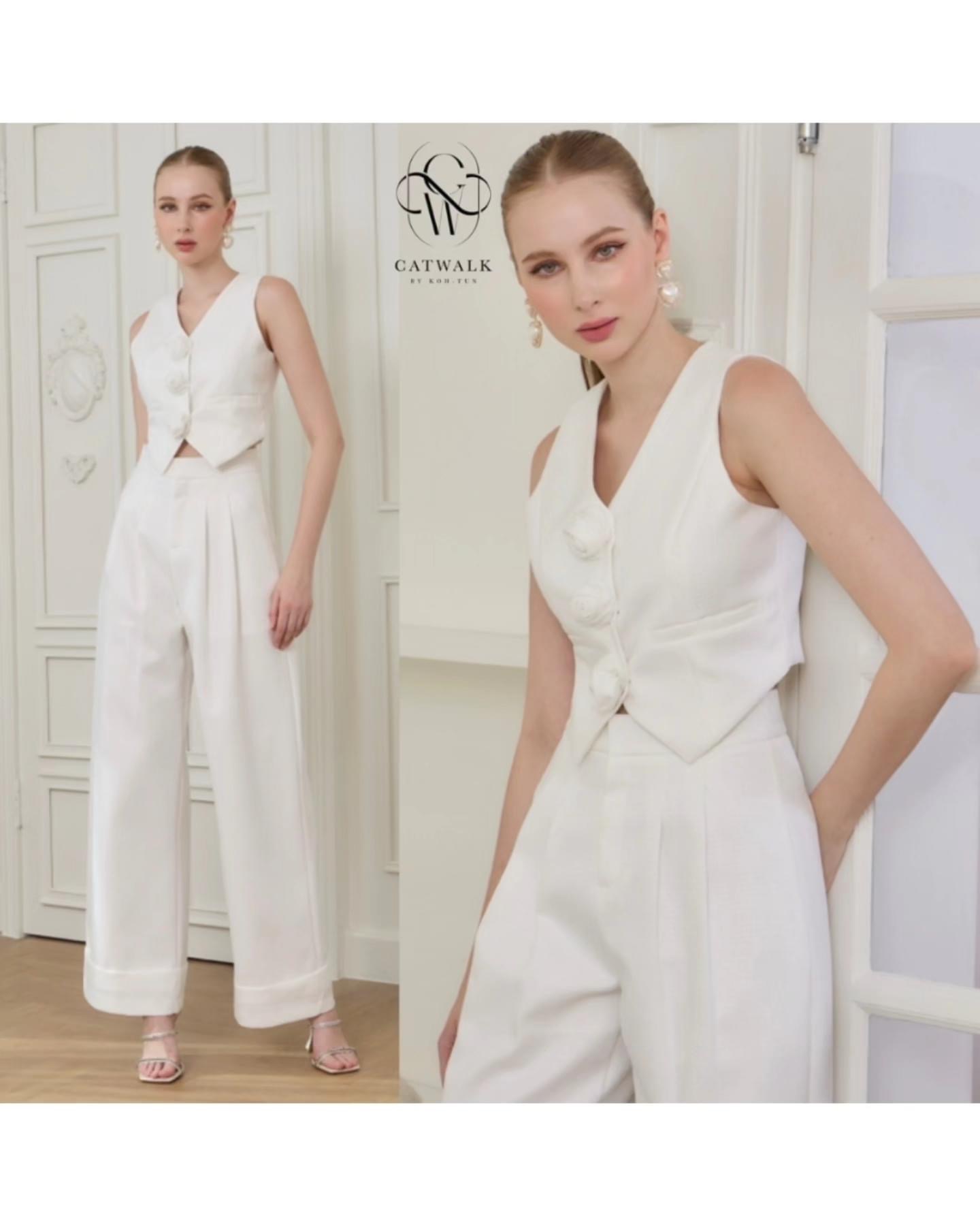 เซตเสื้อ Vestแต่งดอกไม้ +กางเกงทรงสวย เนื้อผ้าทอ ลายเกรดเอ ใส่สบาย : สินค้าคุณภาพ (พร้อมส่ง)