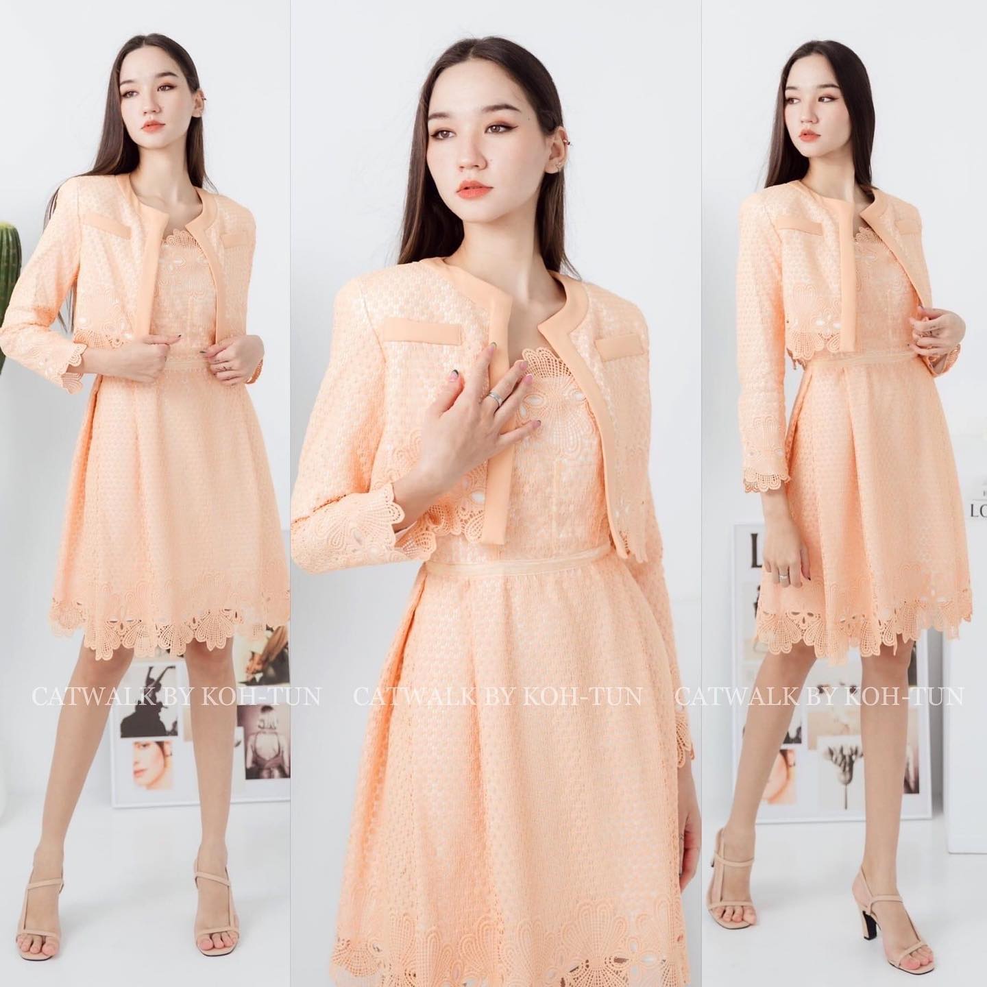 เซตเดรสลูกไม้+เสื้อคลุมผ้าลูกไม้ รุ่นนี้การันตีเลยเนื้อผ้าดีมาก ผ้าลูกไม้ทอลายเกรดเอ สินค้าคุณภาพ (พร้อมส่ง)