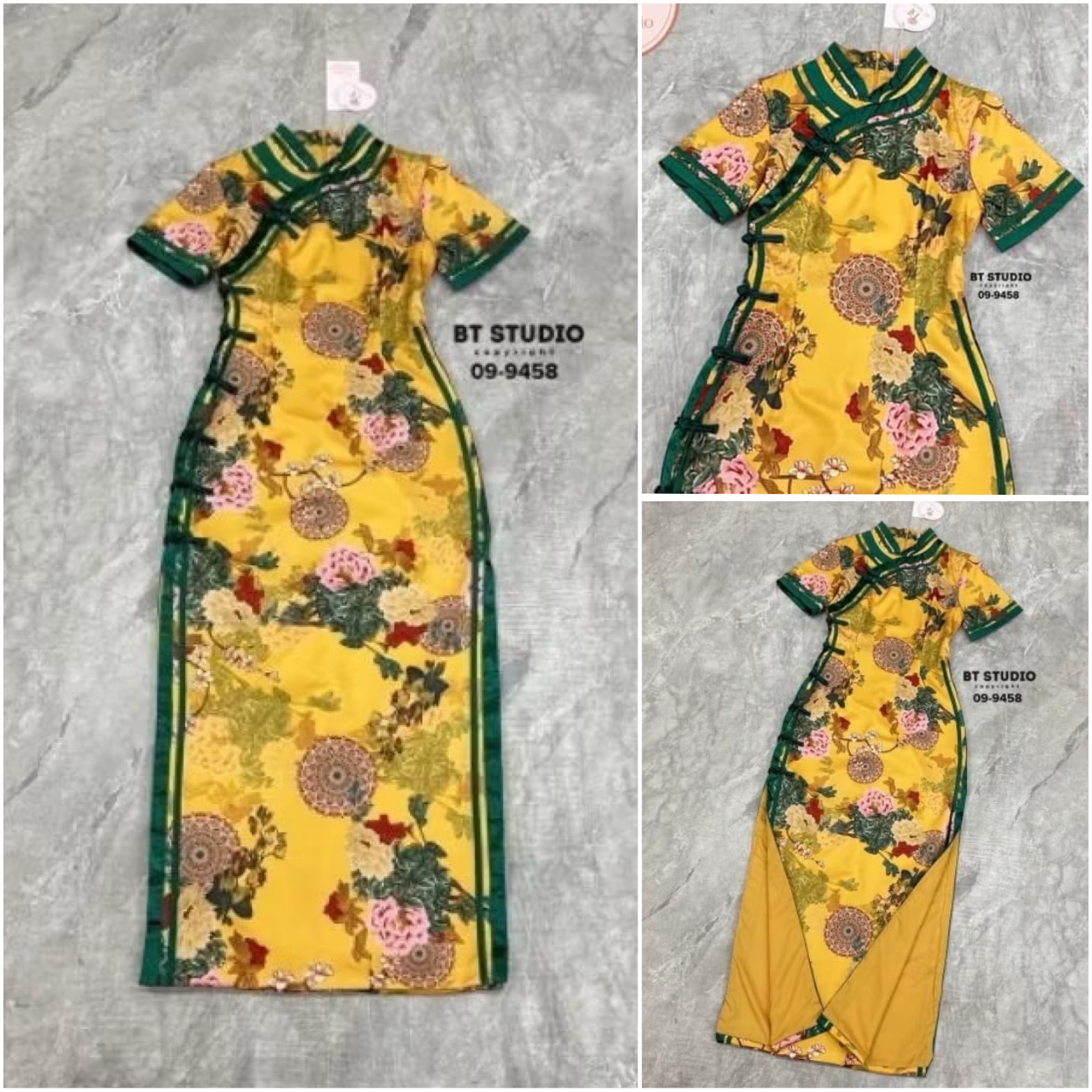 เดรสกี่เพ้าคอจีนแต่งกระดุมและกุ้นแทบจีน ตัดลายผ้าลายดอกไม้ งานสวย หรู ดูแพง คัตติ๊งสวยมาก ๆ ค่ะ ใส่สบาย : สินค้าคุณภาพ (พร้อมส่ง)