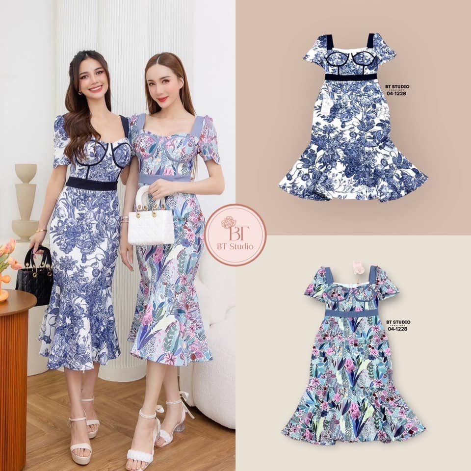 เดรสยาวความยาวคลุมเข่าดีเทลคอตัดสี่เหลี่ยมแขนสั้นขอบอกแต่งกุ้นรอบอก และแต่งแทบขอบเอว กระโปรงบานหางปลา ใส่สบาย : สินค้าคุณภาพ (พร้อมส่ง)